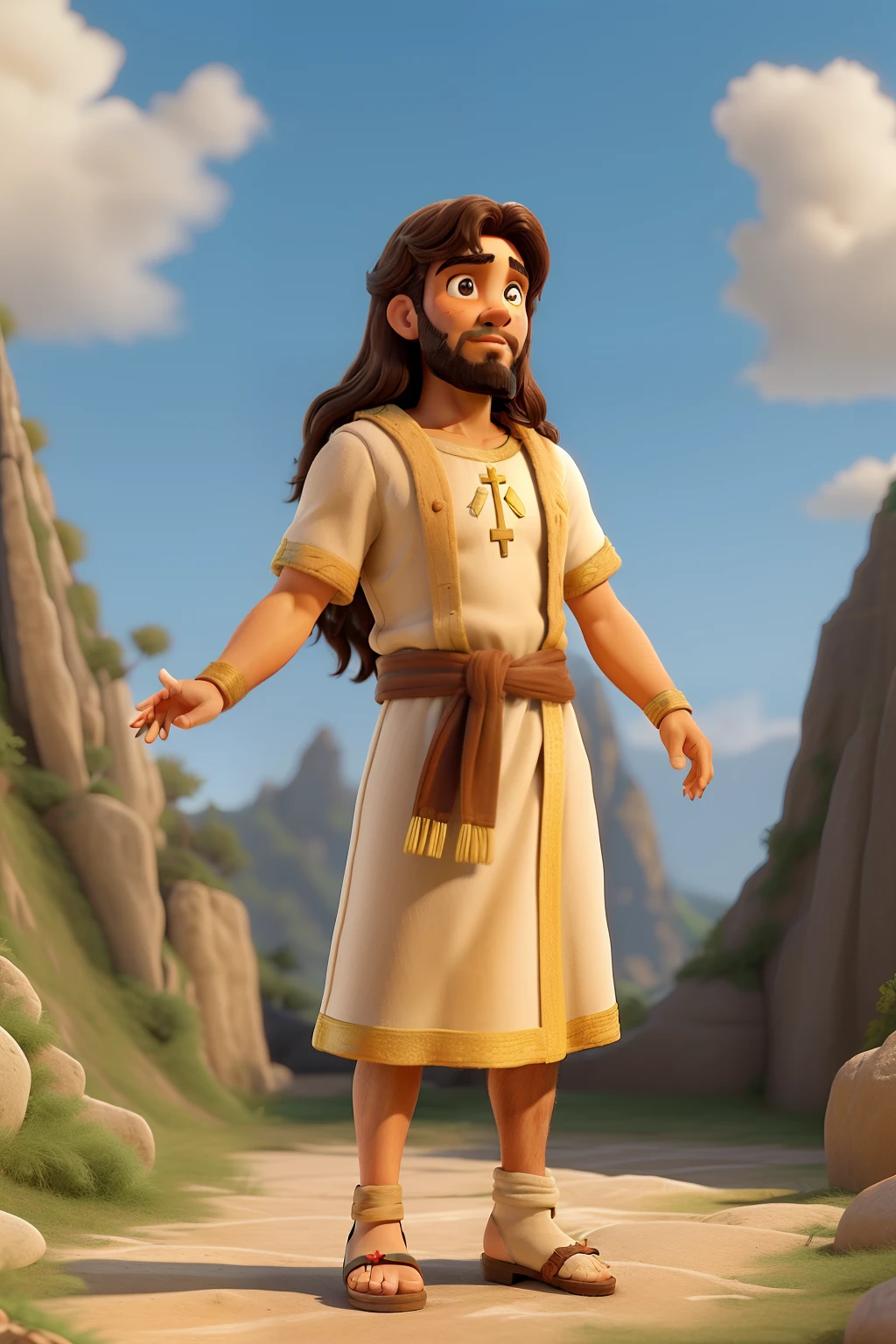 obra-prima, de melhor qualidade, jesus of nazareth,  sentado em uma pedra, raising one hand to the sky,  wearing antique slippers, usando roupa dostempos niblicos, tunicas e vestes