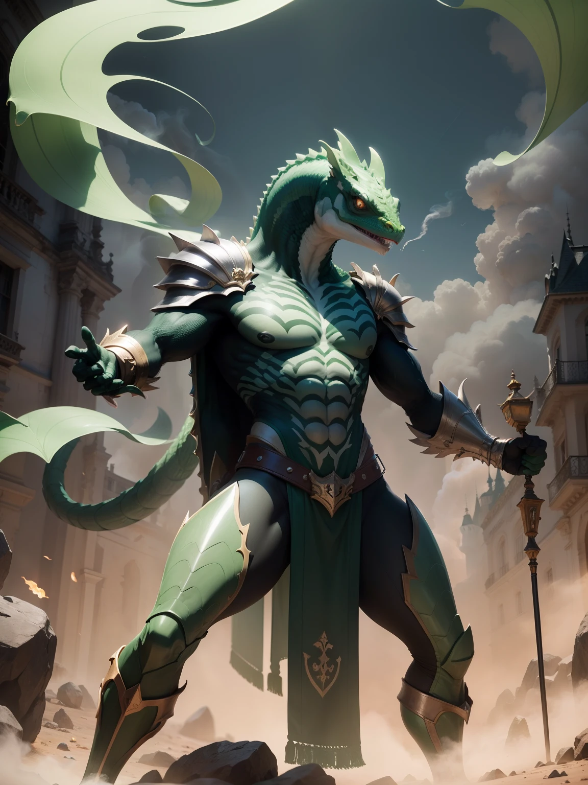 armadura dourada, Lagarto, escudo, castelo, veneno, smoke billowing, veneno verde, green smoke, Vapor verde, place covered with green smoke, veneno verde, green acid, gosma verde, action pose, demonio, armas, Rabo Asqueiroso, corpo inteiro,magro, esguio, escala, From head to toe, lizard head