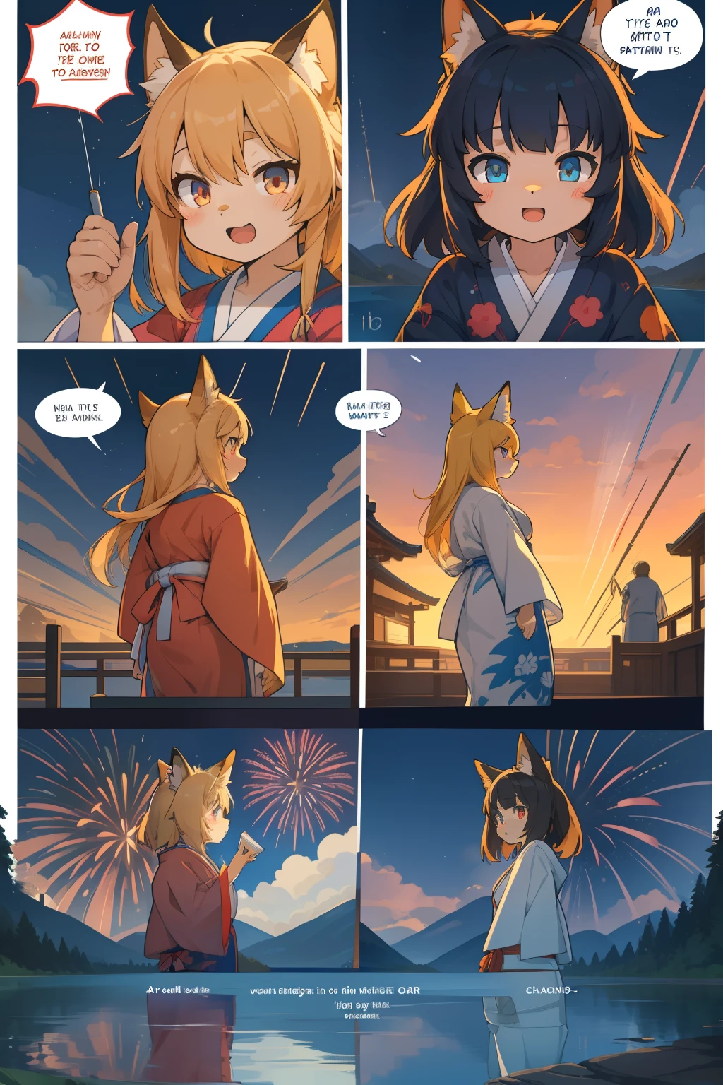 top quality, best quality, highres, masterpiece, super high resolution, detailed background, lake, nigh sky, firework, japanese yukata, 6+boys, 6+girls, absurdres(highly detailed beautiful face and eyes)perfect anatomy, good lighting, cinematic shadow(kemono, furry anthro)assorted expressions, assorted poses, assorted angles, full body, upper shot, dynamic angle(girls comic-like panel layouts, speech balloon, English text, Hand-drawn sound effects stickers used in girls comic),