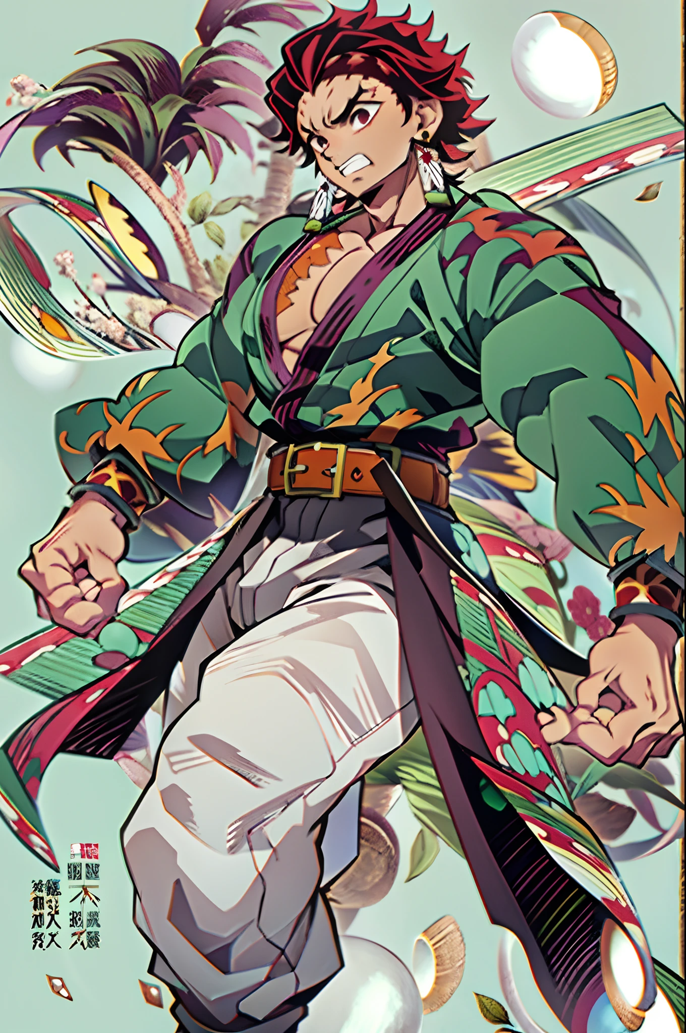 kimetsu no yaiba style, kamado tanjiro, demon slayer uniform, 1boy, male focus, scar on face, weapon, scar, earrings, teeth, jewelry, pants,  scar on forehead, brown hair, belt, black pants, japanese clothes, haori, green haori, solo, red eyes, long sleeves, anime coloring,Muscular body, imposing body,Imposing appearance, muscular arms, muscular legs, only body, trapezoid torso, sturdy body, muscular body, defined round and fleshy pecs, defined washboard ABS, defined arms,  ((masterpiece))