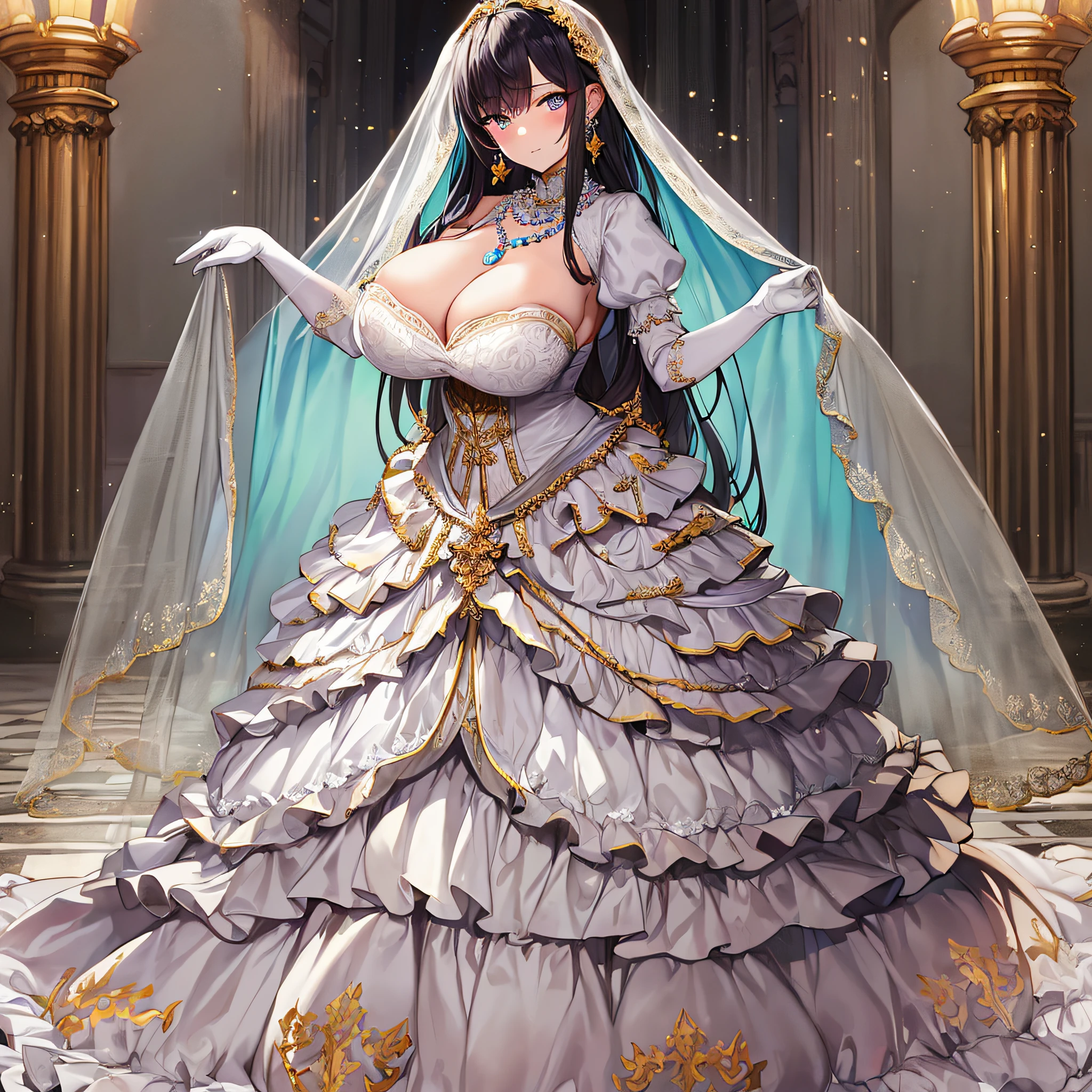 anime artstyle,Best quality, Masterpiece,Solo,full body,1 princess as a royal bride wearing a stately and elaborate royal wedding dress of white satin and tulle adorned with huge ribbon,(gigantic ,Long titsndentation),(rarge amount of straight hair,extremely Long voluminous Hair),lace, frills,gorgeous embroidery and jewels, with enormous puffed ses, an hourglass waist and a voluminous crinoline hoopskirt,long train, long white gloves, pearl necklace and earrings,long wedding veil