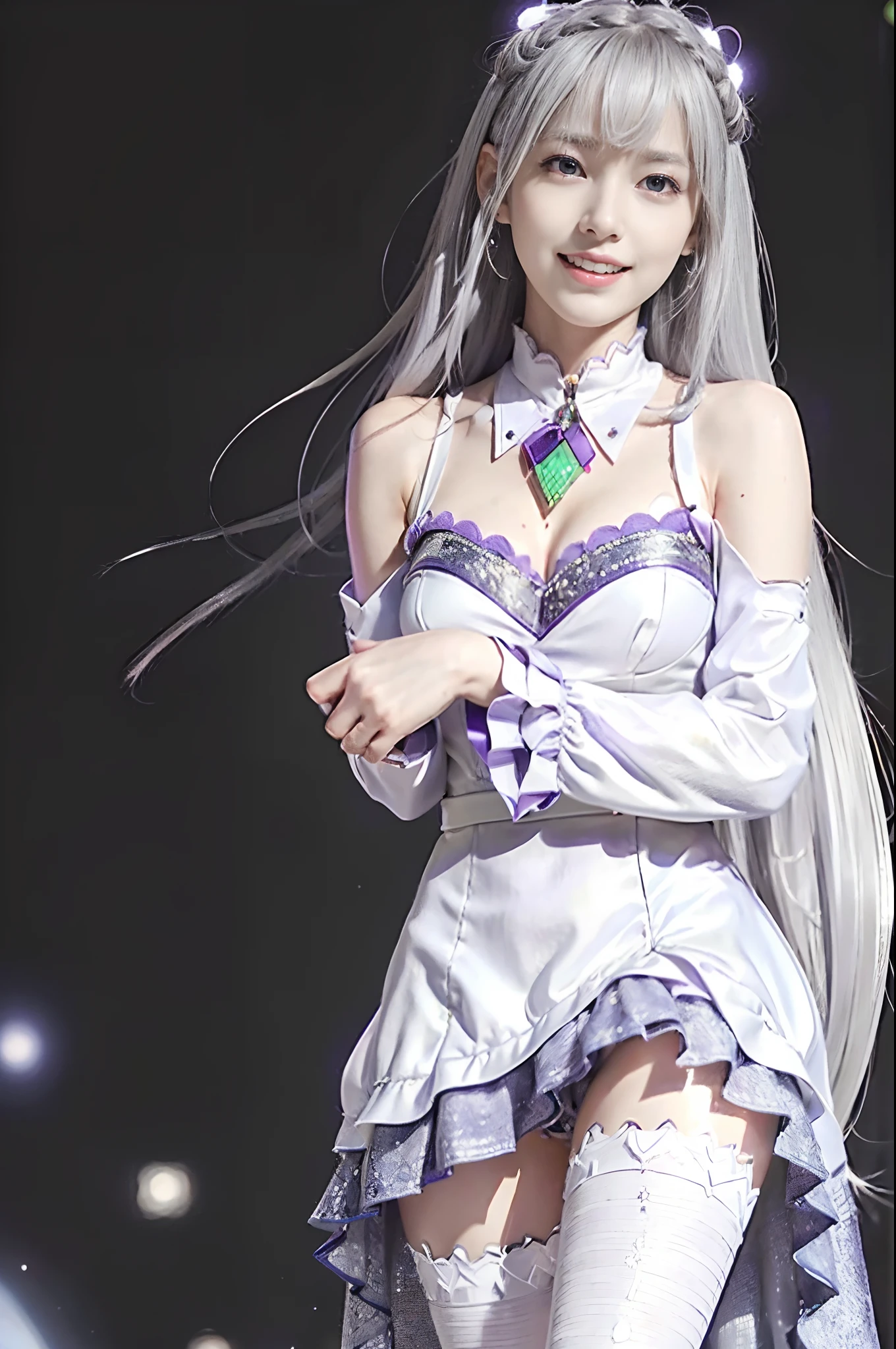 (Supervision CG, Unified 8K Wallpaper), (masutepiece), (Best Quality), (Super Detail), (Best Shadow), (Photorealistic:1.5), Realistic human skin, Lens Flare, Shade, Backlight, bloom, depth of fields, Natural light, Hard Focus, Film grain, Neat and pretty body shape, Slender waist, (Happy smile:1.3), Full body, (Very detailed eyes and face), large earring, (Very cute), (Big eyes), (thin legs), (Beautiful Detail Face), (Beautiful detail eyes), (Japanese Idol:1.2), 21 years old, Gal, (Glowing silver hair:1.3), (Very long hair: 1.3) (Straight hair: 1.2),(Realistic background,Gorgeous live stage,plein air ,Starry Night,Large audience:1.5),Thin leg,big breasts thin waist,Thin thighs, Beautiful Detail Lip,symmetrical lips,alluring face,(tiny chest:1.5), (symmetrical lips:1.2), ( Cowboy Shot: 1.5), (One Woman, Solo,Sing with a microphone,Black Ribbon Tie、Dress with light purple upper body and white lower body、Re:Emilia Costume of Zero,Sing with a microphone:1.5), (Beautiful detailed oval face,a small face:1.3), (Beautiful detailed big eyes), (masutepiece: 1.4, Highest Quality), (masutepiece, Highest Quality), (photographrealistic: 1.4), Perfect Anatomy, Correct anatomy, Perfect proportions, Perfect face, Perfect hands, Perfect legs, Perfect fingers, Perfect hands, Perfect Abs, (Natural makeup: 1.2), sluggish,,