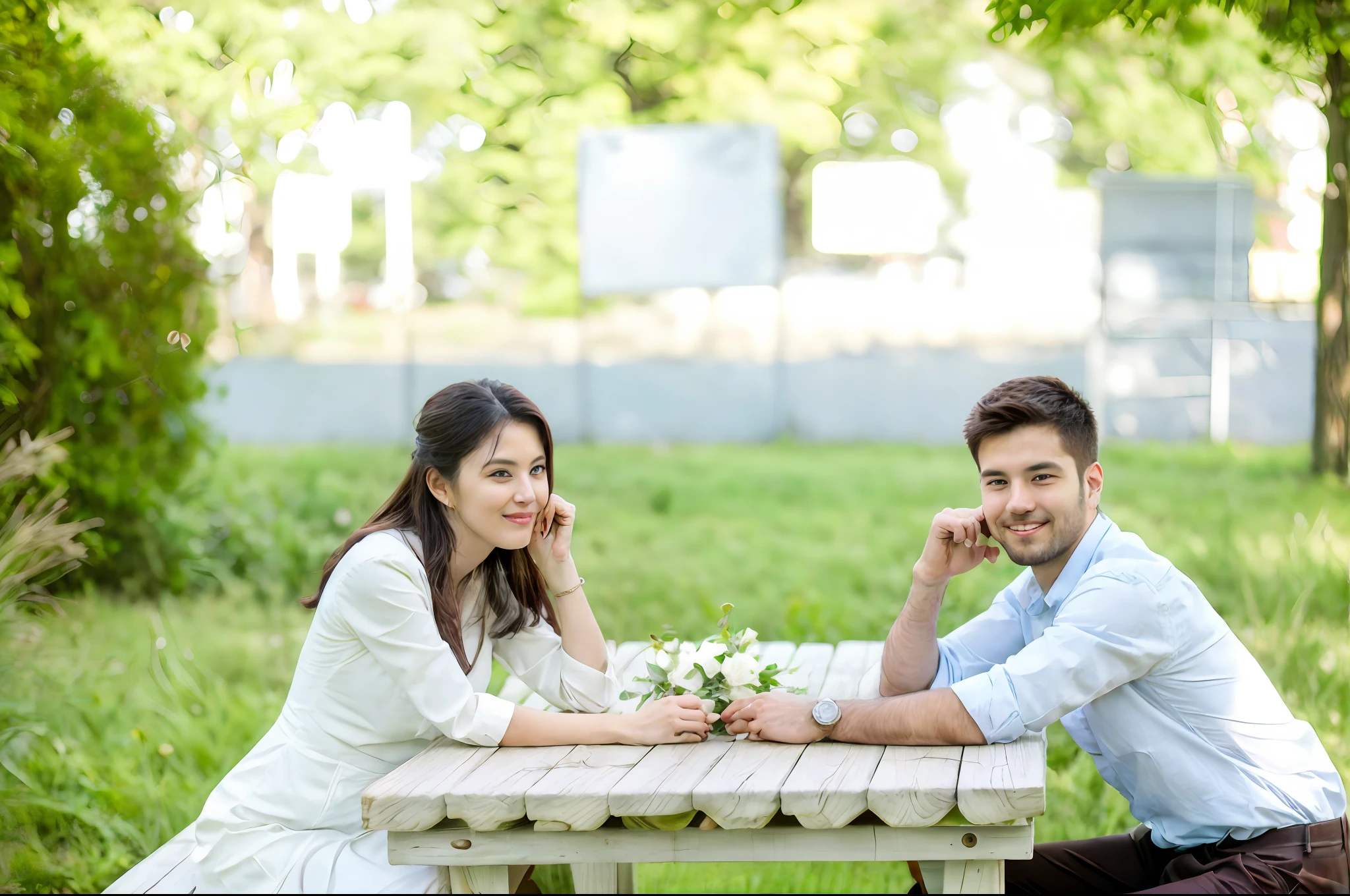 there are two people sitting at a table in the grass, on wooden table, lovely couple, couple, portrait shot, couple pose, wearing white cloths, happy couple, sitting at table, marketing photo, on a wooden table, photo taken with nikon d 7 5 0, photo taken with nikon d750, romantic couple, portrait image, photoshoot, anime people