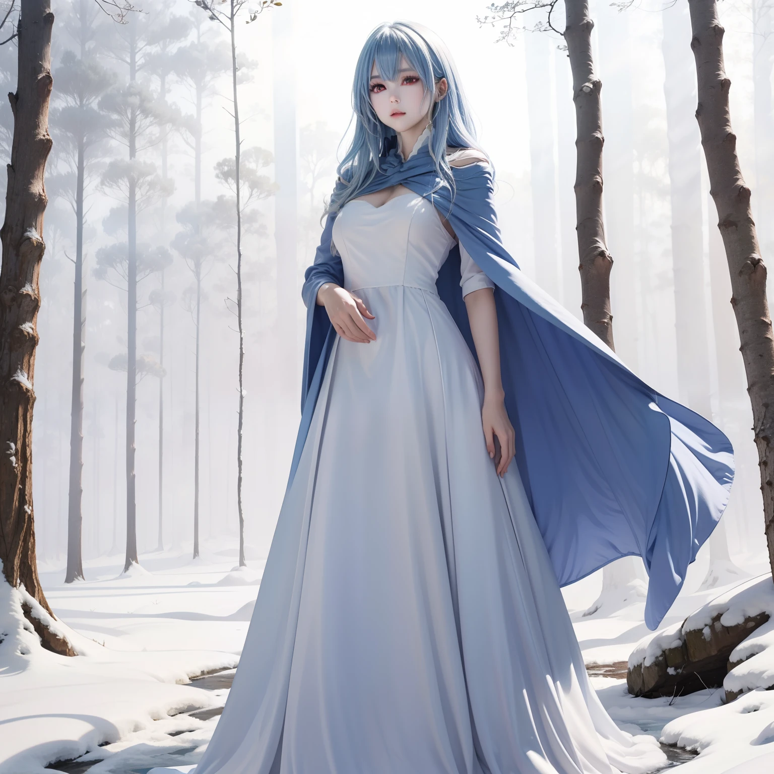 "An angelic anime girl with long, flowing white hair, captivating red eyes, and elegant blue wings. She is dressed in a beautiful blue gown, standing in a serene winter forest. She wears a winter cape, and there is a gentle mist surrounding her."