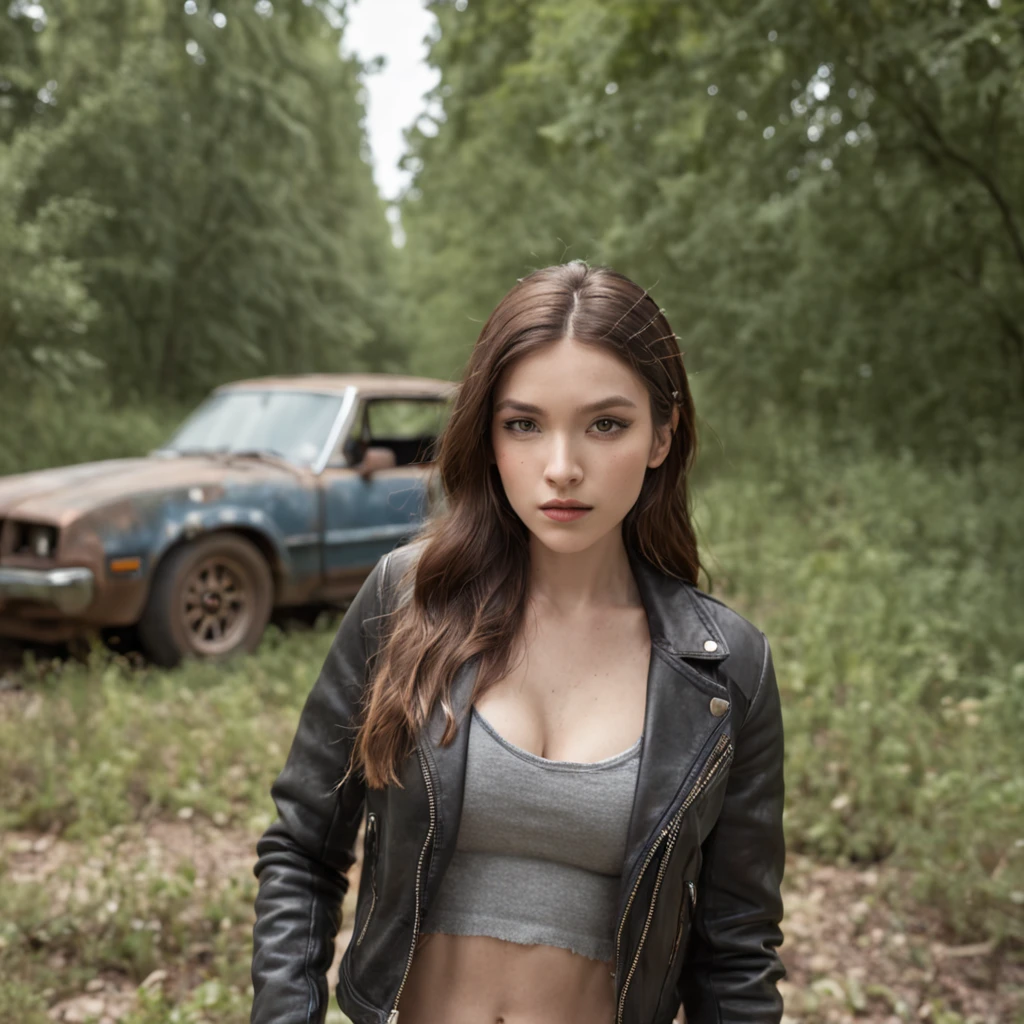 A portrait image of a young, woman with big breasts, dressed in a trendy jeans crop top and leather jacket, gracefully posing amidst the desolation of a dystopic environment filled with abandoned cars and overgrown vegetation. The photograph showcases her ultra-realistic features under soft diffused lighting that brings out every intricate detail