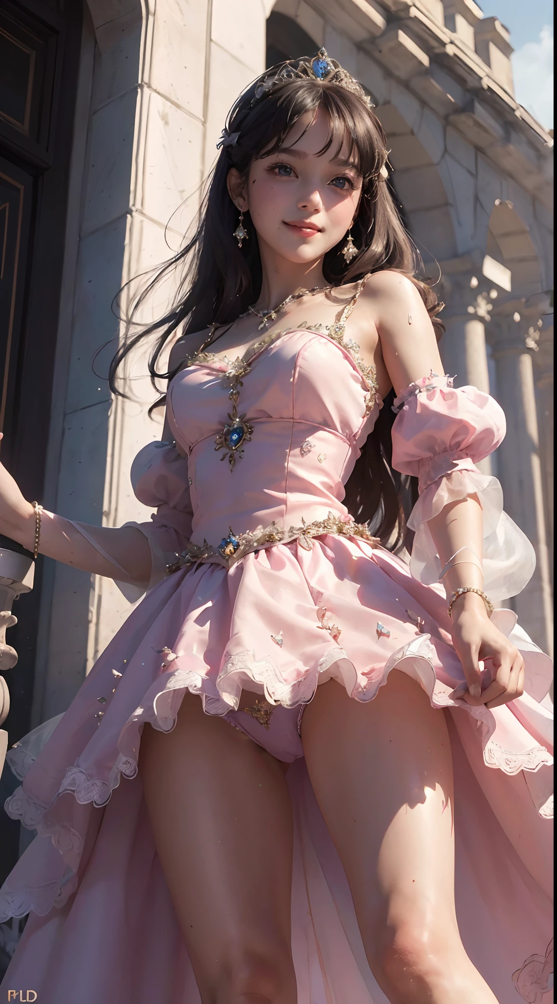 {{{masterpiece}}}, {{{best quality}}}, {{ultra-detailed}},  {{an extremely delicate and beautiful}},(nsf), (Best quality, 8k, 32k, Masterpiece, UHD:1.2),Photo of Pretty girl, top quality, best quality, realistic, unity, 8k wallpaper, official art,(),(Child),(best princess in the world:1.5),(Princess dress with lots of embellishments:1.5),(gorgeous tiara:1.3),(smile:1.3),(full-face blush:1.3),(sweaty skin:1.3),black hair,(on the palace balcony:1.3),(dynamic pause:1.3),(full body:1.2),(skirt lift by myself:1.4),(Cotton panties:1.3),(from below:1.7),(light up:1.4),(panties shot:1.3)