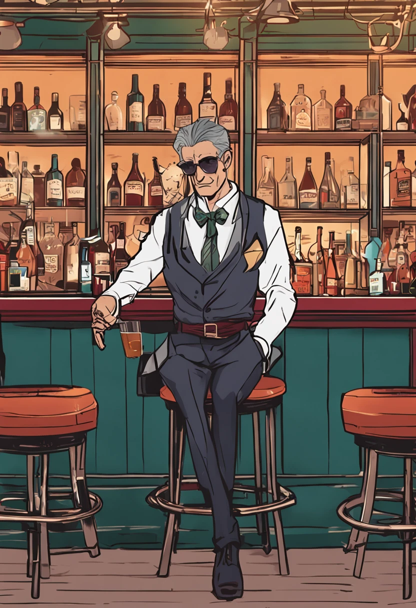 Personagem de anime, mafioso, homem jovem, sentado em uma cadeira, dentro de um bar, format 3840 × 2160