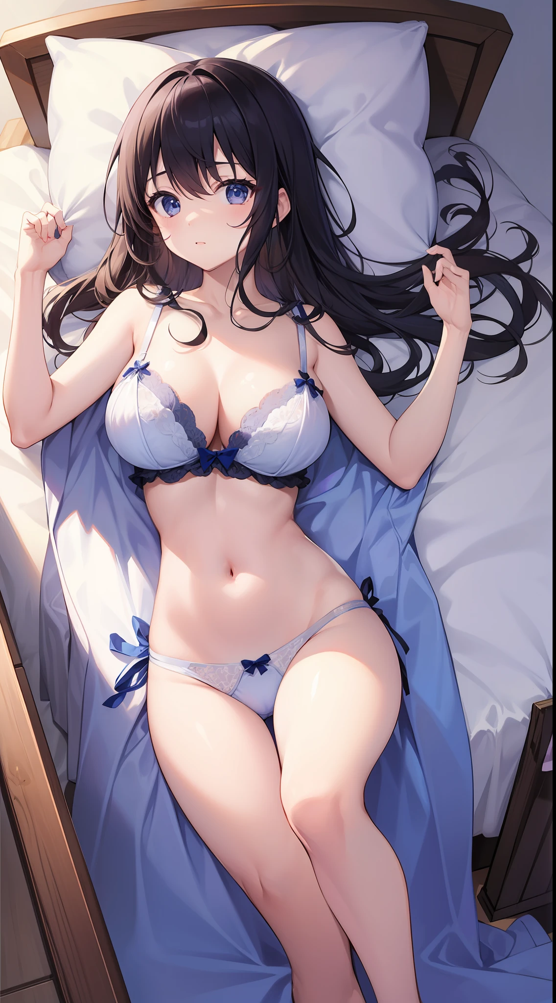 Masterpiece、hight resolution、1girl in、in one's underwear only、Cute lingerie、large full breasts、Lying on your back in bed、Cute anime illustration、