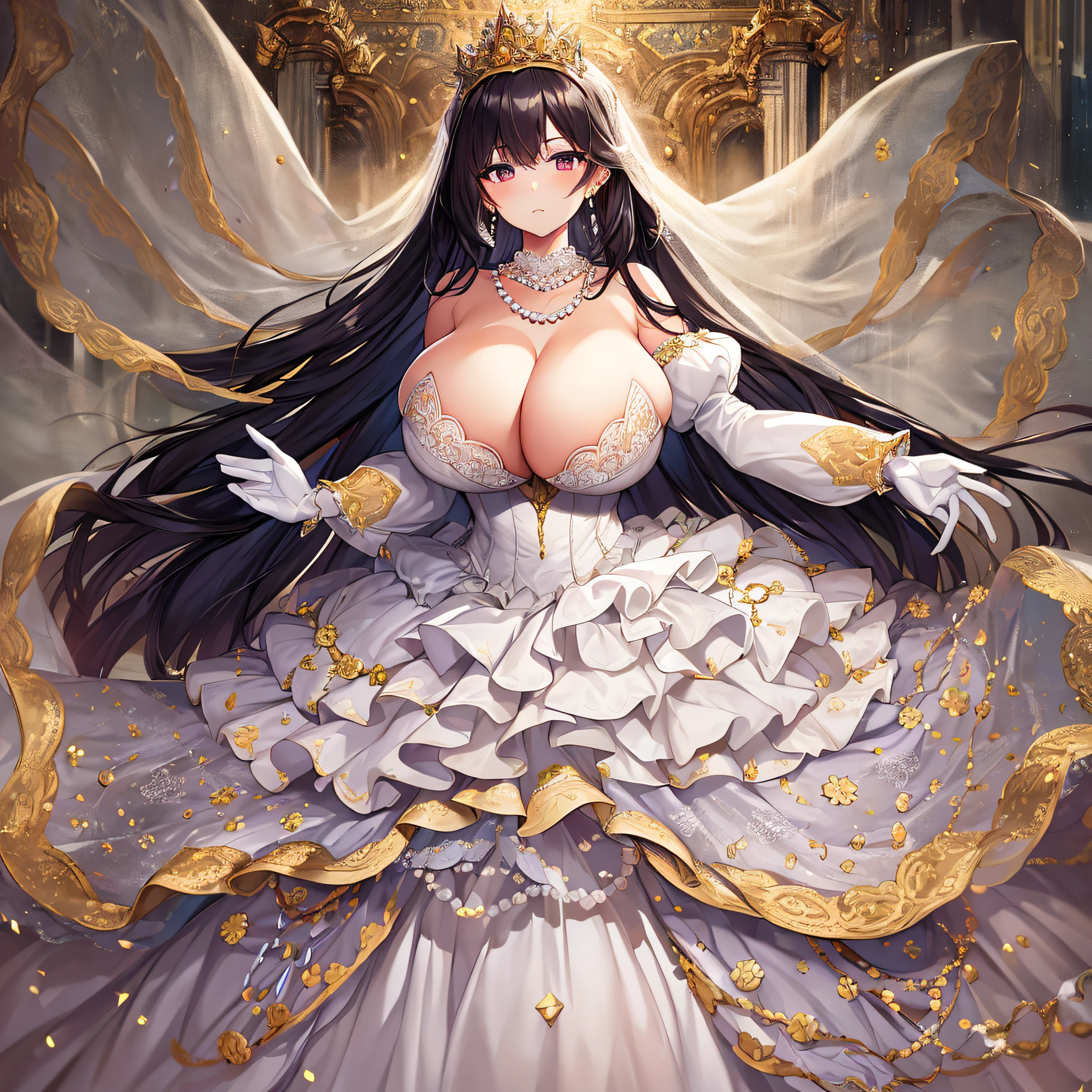anime artstyle,Best quality, Masterpiece,Solo,full body,1 princess as a royal bride wearing a stately and elaborate royal wedding dress of white satin and tulle adorned with huge ribbon,(gigantic tits,Long tits,skindentation),(rarge amount of straight hair,extremely Long voluminous Hair),lace, frills,gorgeous embroidery and jewels, with enormous puffed sleeves, an hourglass waist and a voluminous crinoline hoopskirt,long train, long white gloves, pearl necklace and earrings,long wedding veil