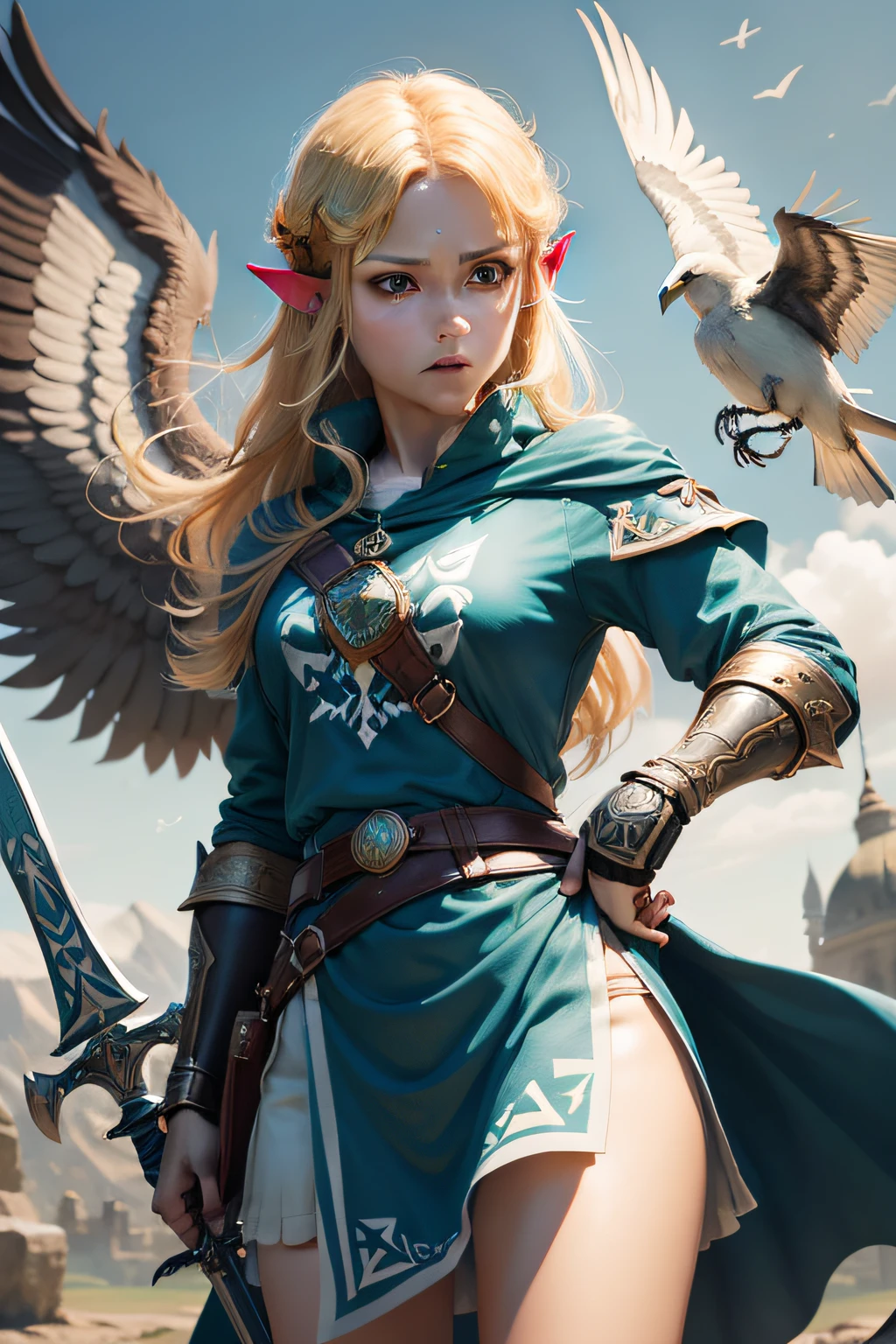 a sword with a shield and a bird on it, Espada e escudo, espada mestra, segurando escudo e espada, empunhando uma espada e um escudo, Zelda, ancient symbol behind it, Arte estilo Zelda, de Lenda de Zelda, Ocarina do Tempo, segurando arma e escudo, segurando uma espada e um escudo, escudo de fantasia, Hyrule, design do escudo, Lenda de Zelda
