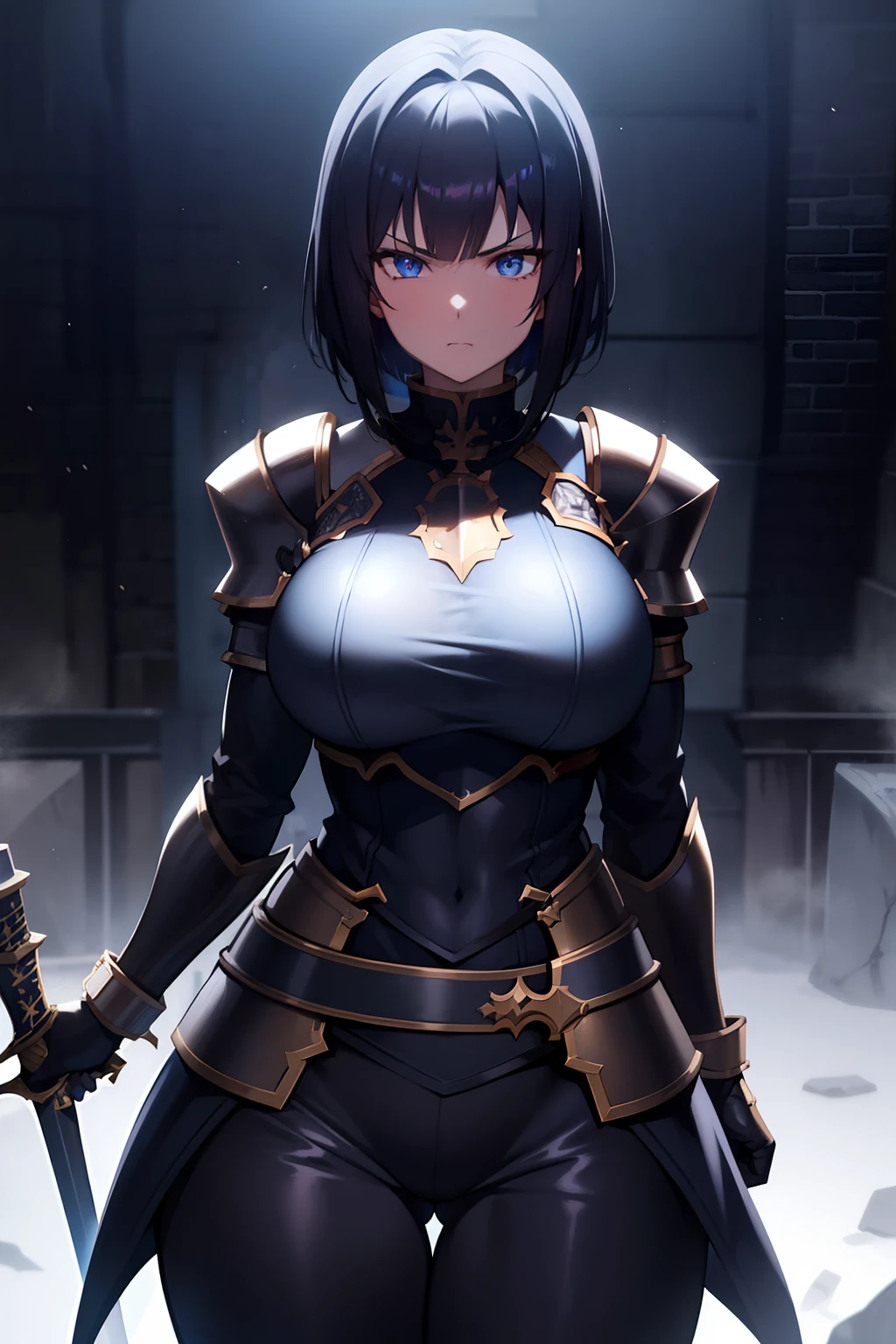 straight short hair ,black hair, anime girl, blue eyes, knight, black armor, carrying sword, strong, muscular, thick thighs, big butt, big breasts, fighting stance, inside a dungeon, serious look, dark environment, spooky, anime style, high definition, RTX, unreal engine