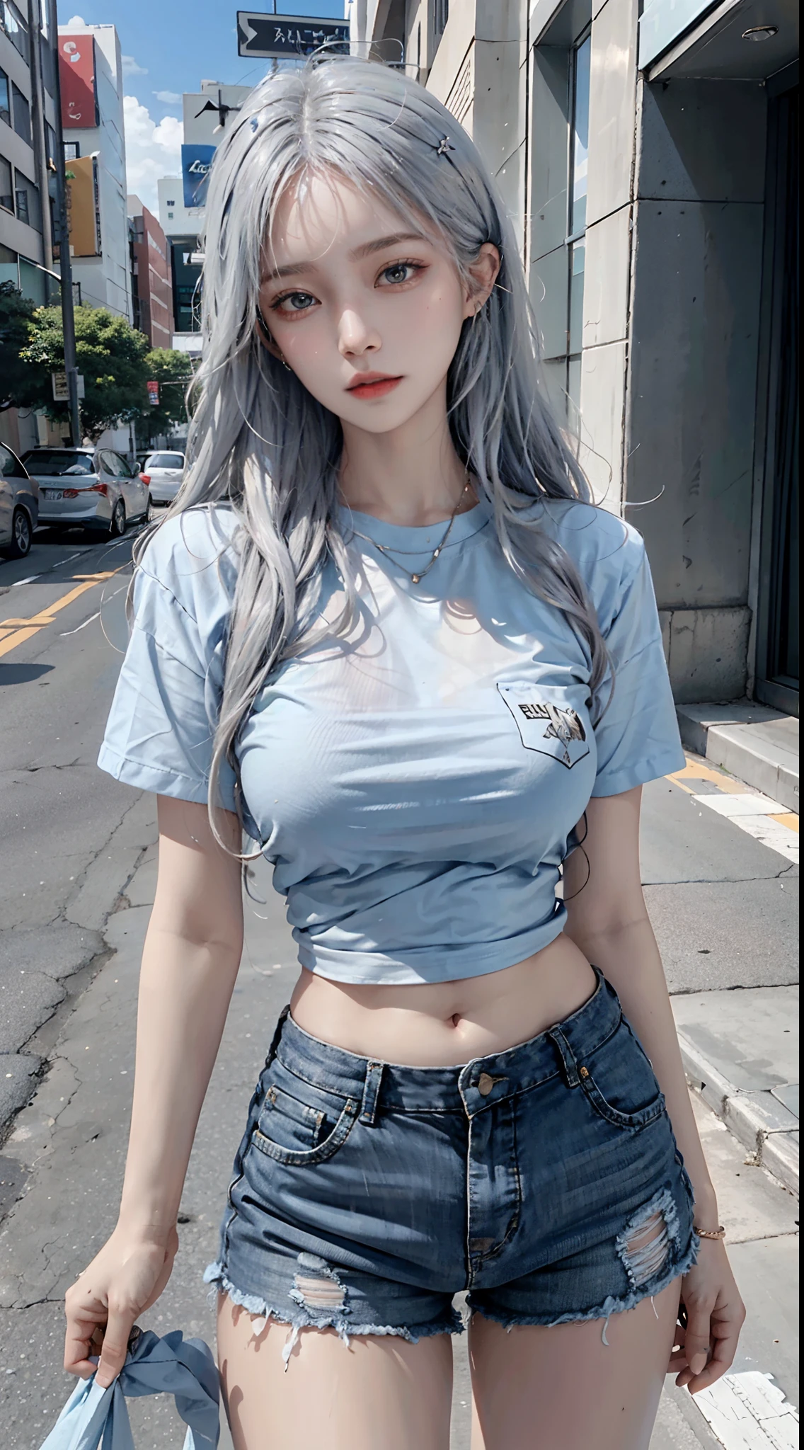 photorealistic, high resolution, soft light,1women, solo, hips up, shining skin, (detailed face), jewelry, tattoo, blue t-shirt, shorts, street wear, white hair, blue sky