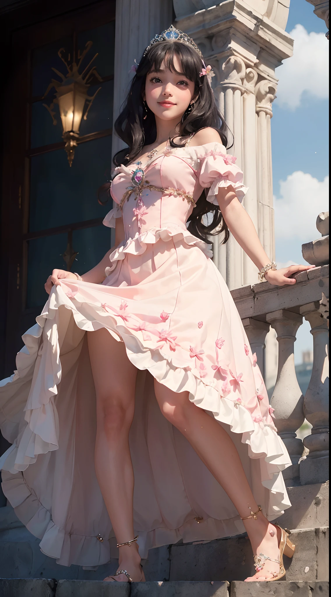 {{{masterpiece}}}, {{{best quality}}}, {{ultra-detailed}}, {{an extremely delicate and beautiful}},(nsf), (Best quality, 8k, 32k, Masterpiece, UHD:1.2),Photo of Pretty girl, top quality, best quality, realistic, unity, 8k wallpaper, official art,(),(Child),(best princess in the world:1.5),(Princess dress with lots of embellishments:1.5),(gorgeous tiara:1.3),(smile:1.3),(full-face blush:1.3),(sweaty skin:1.3),black hair,(on the palace balcony:1.3),(dynamic pause:1.3),(full body:1.2),(skirt lift by myself:1.4),(Cotton panties:1.3),(from below:1.7),(light up:1.4),(panties shot:1.3),(Midsummer:1.5)
