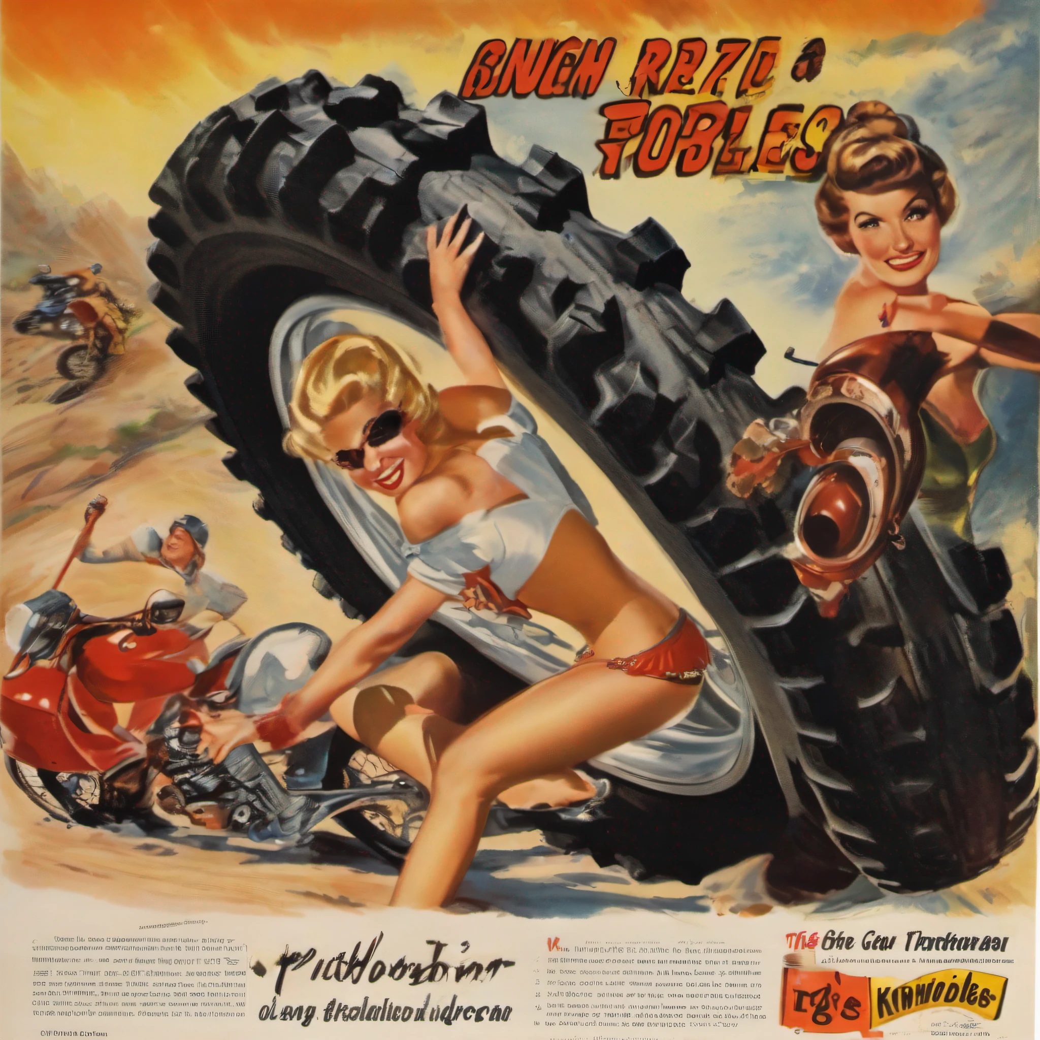 A pretty woman runs her fingers across the big Knobbies on a motorcycle tire in a 1950's motorcycle tire company promotional add for "Big Knobbies" their new motocross tire for off-road racing