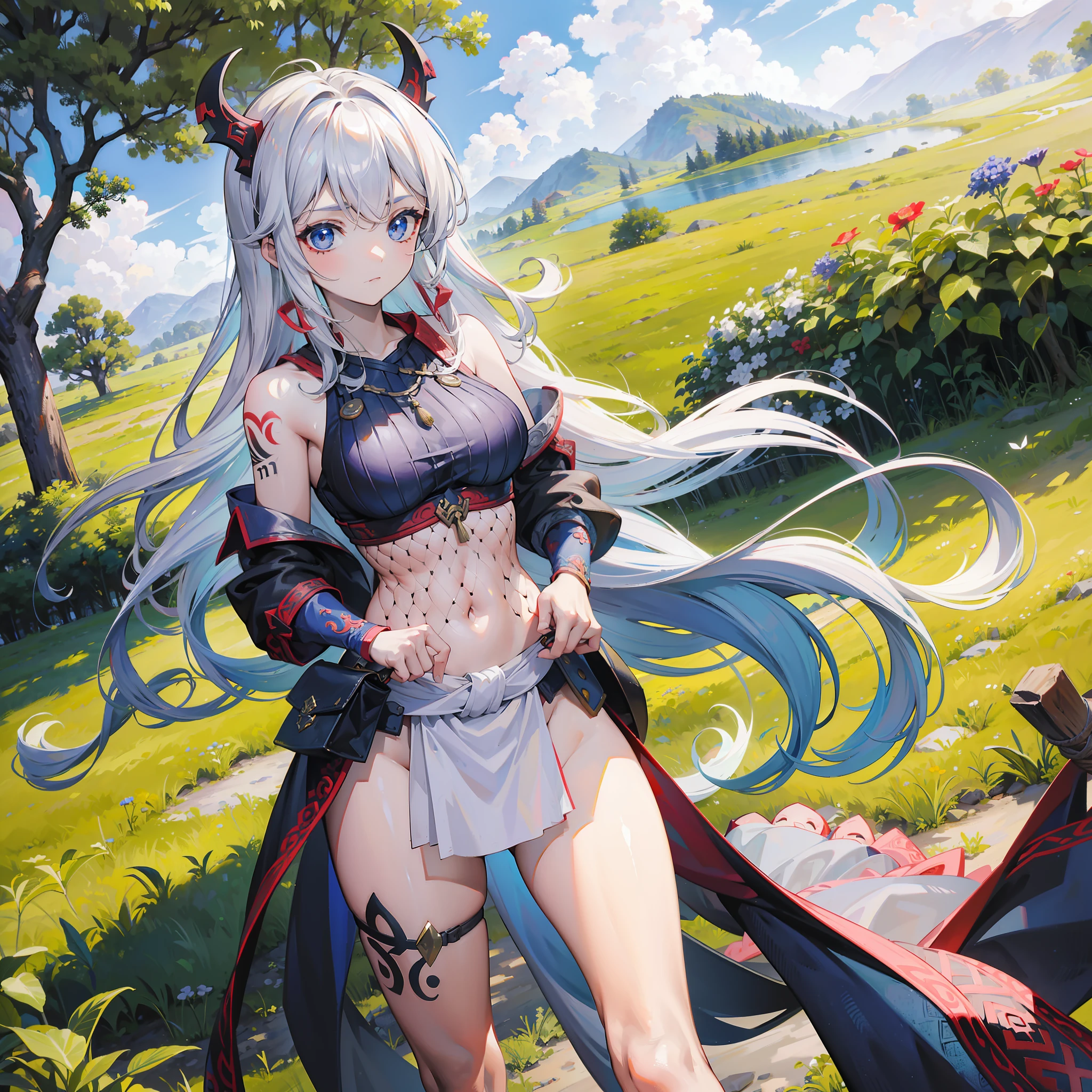 (obra maestra) (La mejor calidad) Un legendario y hermoso guerrero vikingo lleva un hacha impresionante y un gran escudo redondo. She is in an open-air temple in a clearing..........., Windy day. Ella es muy hermosa, algo musculoso, wearing runic tattoos all over his body. (((only one Women))) ((pechos grandes))