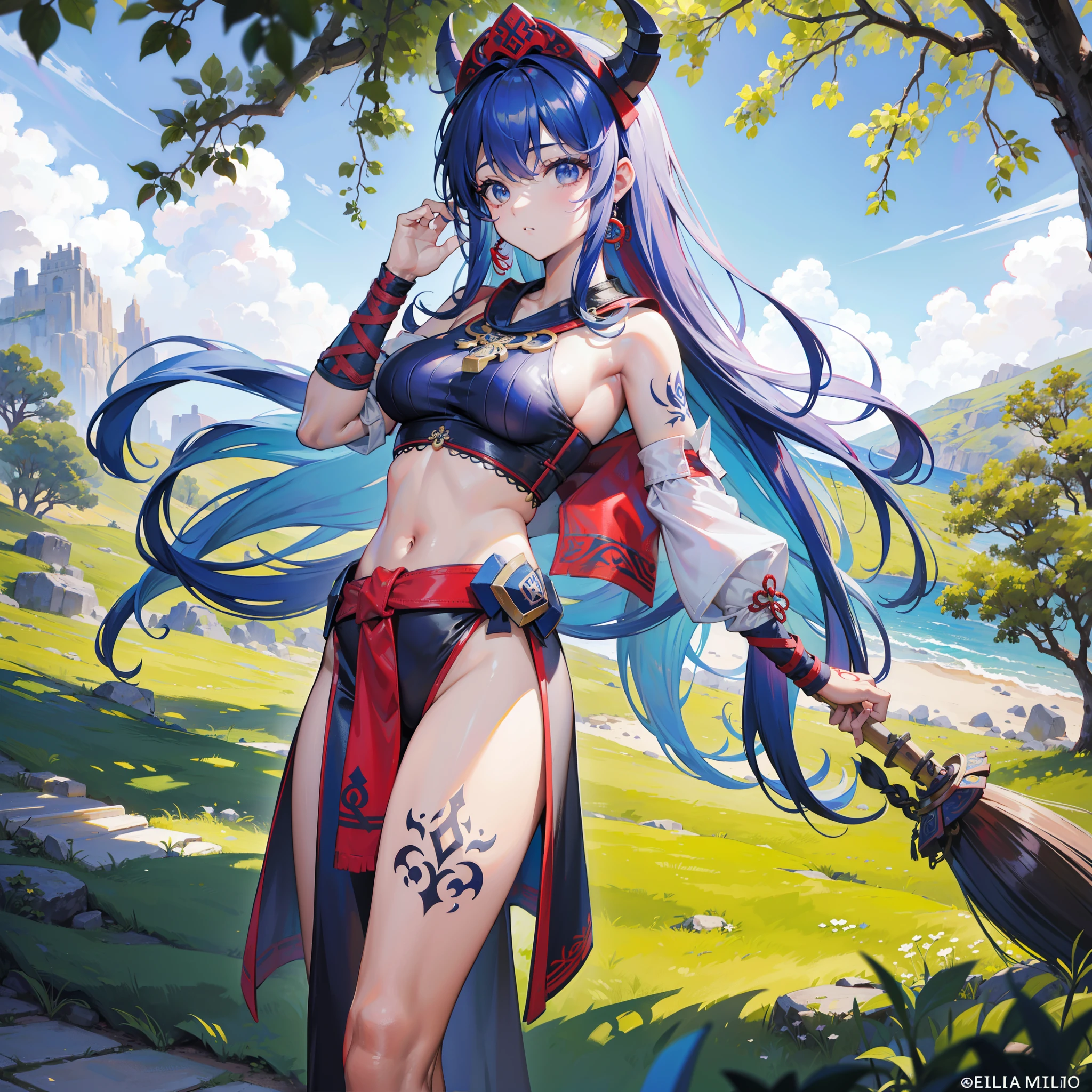 (obra maestra) (La mejor calidad) Un legendario y hermoso guerrero vikingo lleva un hacha impresionante y un gran escudo redondo. She is in an open-air temple in a clearing..........., Windy day. Ella es muy hermosa, algo musculoso, wearing runic tattoos all over his body. (((only one Women))) ((pechos grandes))