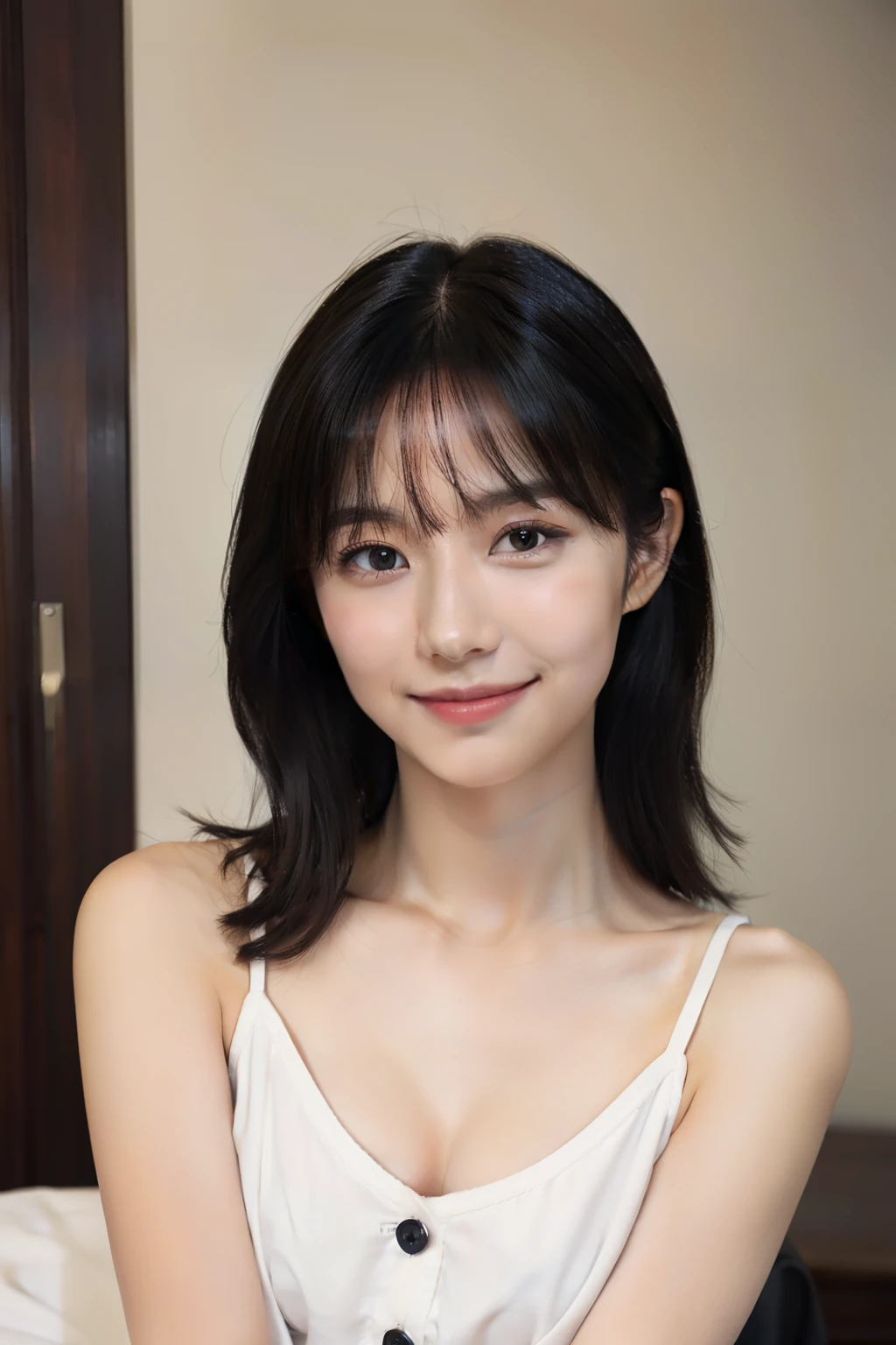 1 girl, idol, model, depth of field, photo, film, face, slim, smile, collarbone, movie, button nose, soft smile, black top
