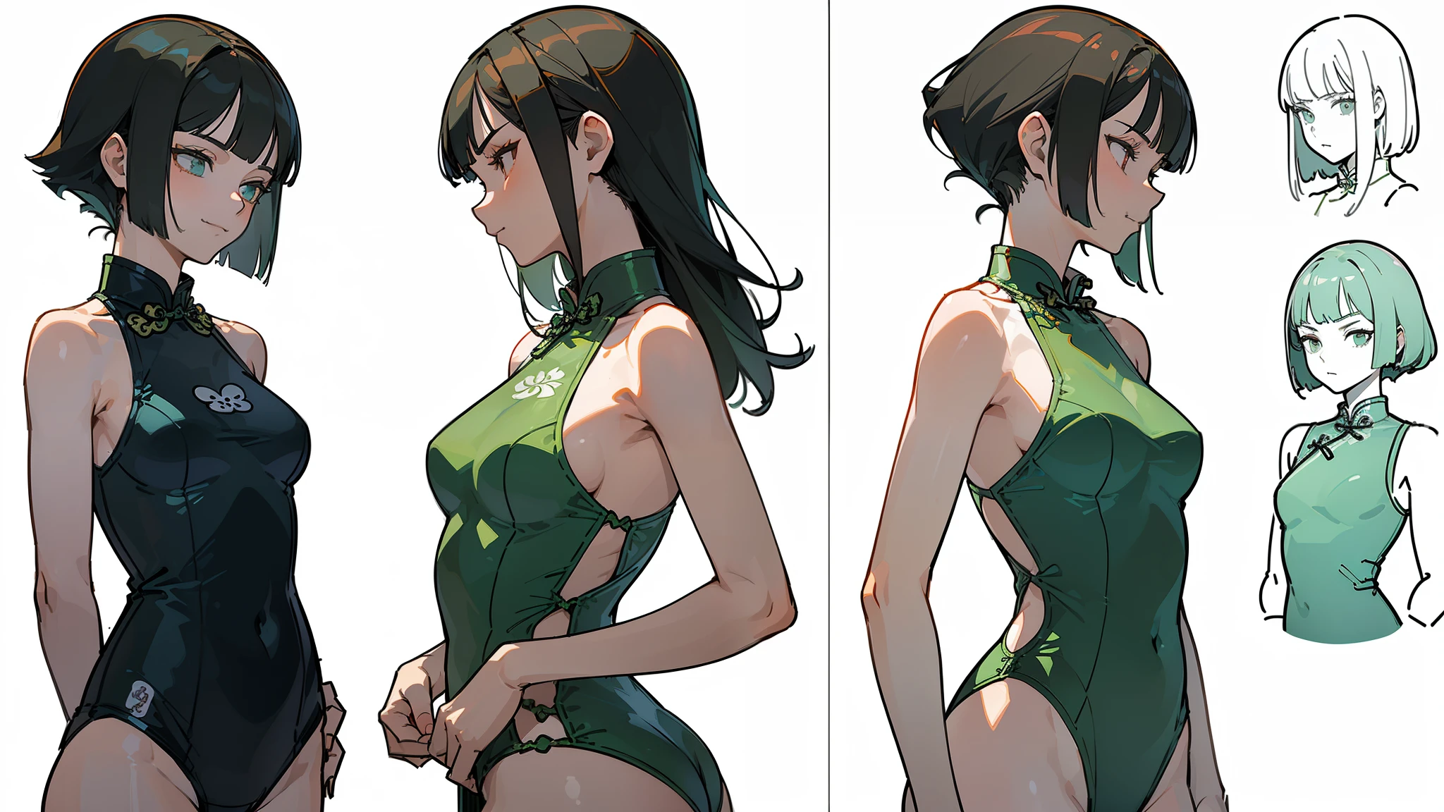 ((Best Quality)), ((Masterpiece)), ((Realistic)) 19 year old, redhead girl, shoulder length hair, relaxed happy face ((slender)) (busty), ((( cheongsam light green one piece swimsuit ))) ((sexy )) textured pixie haircut (((detailed character sheet, frontal view, side view, three quarter view))) (((white background))) 6 and a half heads full body