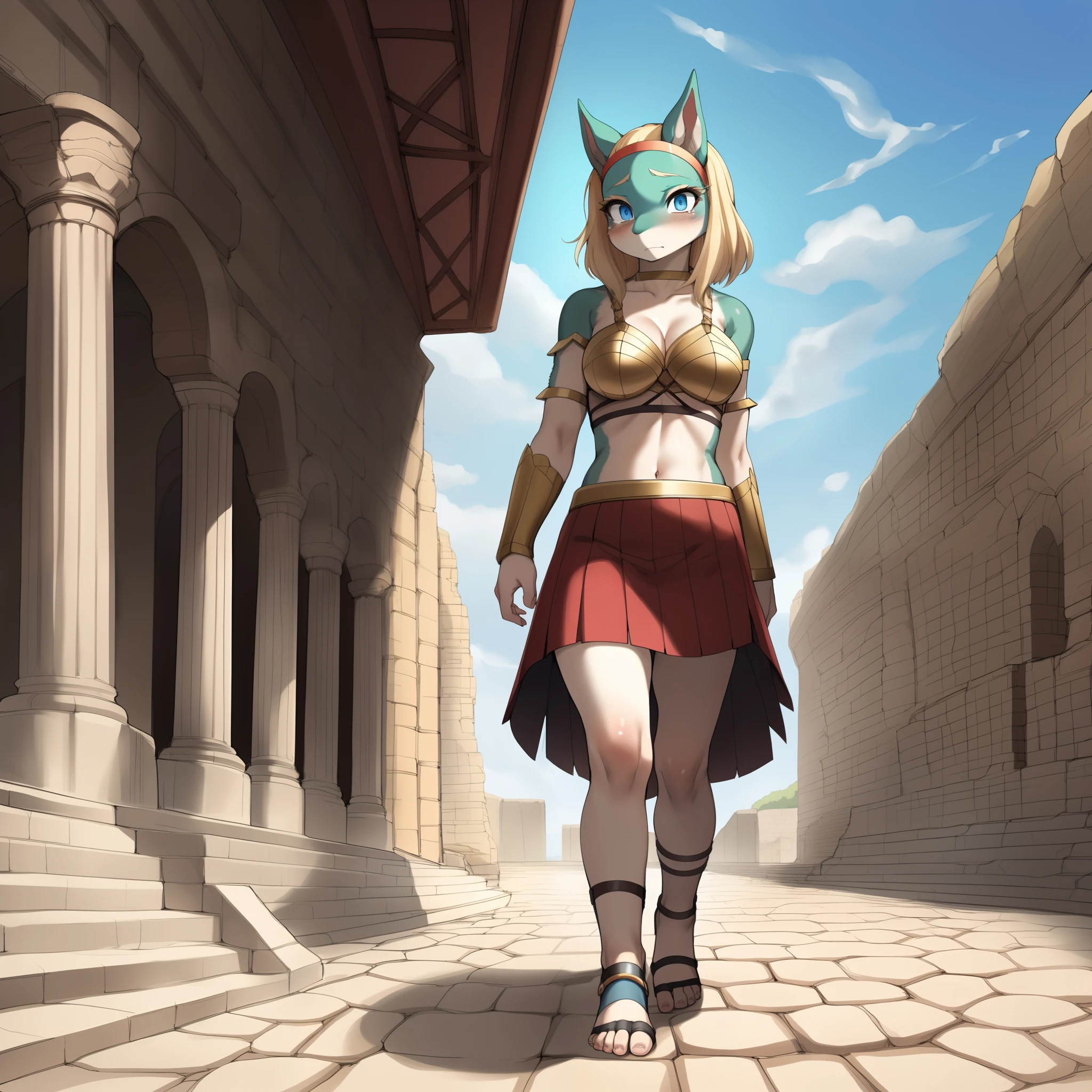 Ippan_josei, by gudlmok99, by sleepiness18, full body shot, walking in a Roman coliseum, looking sad, (wearing gladiator armor, gladiator skirt):1.1, blue eyes, clearly drawn eyes, good anatomy, gladiator sandals, high resolution, high quality, gold hairband, solo, female focus, 5 toes, sharp focus