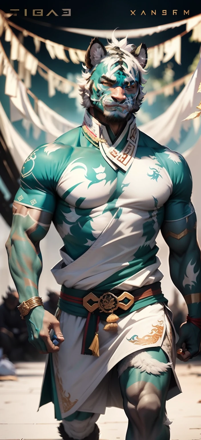 Tiger orcs with cyan stripes on their white fur,Strong,virile,Wearing ancient Chinese clothing,Practice martial arts all year round。Full of masculinity。There are tiger heads and furry bodies。Full of masculinity,Masculine look。