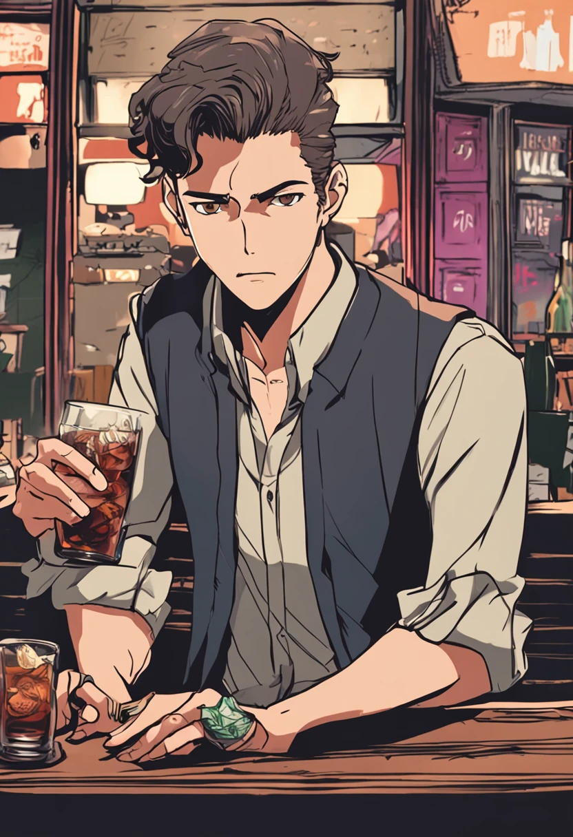 Personagem de anime de 18 anos, mafioso, masculino, joven, sentado em uma cadeira, dentro de um bar,