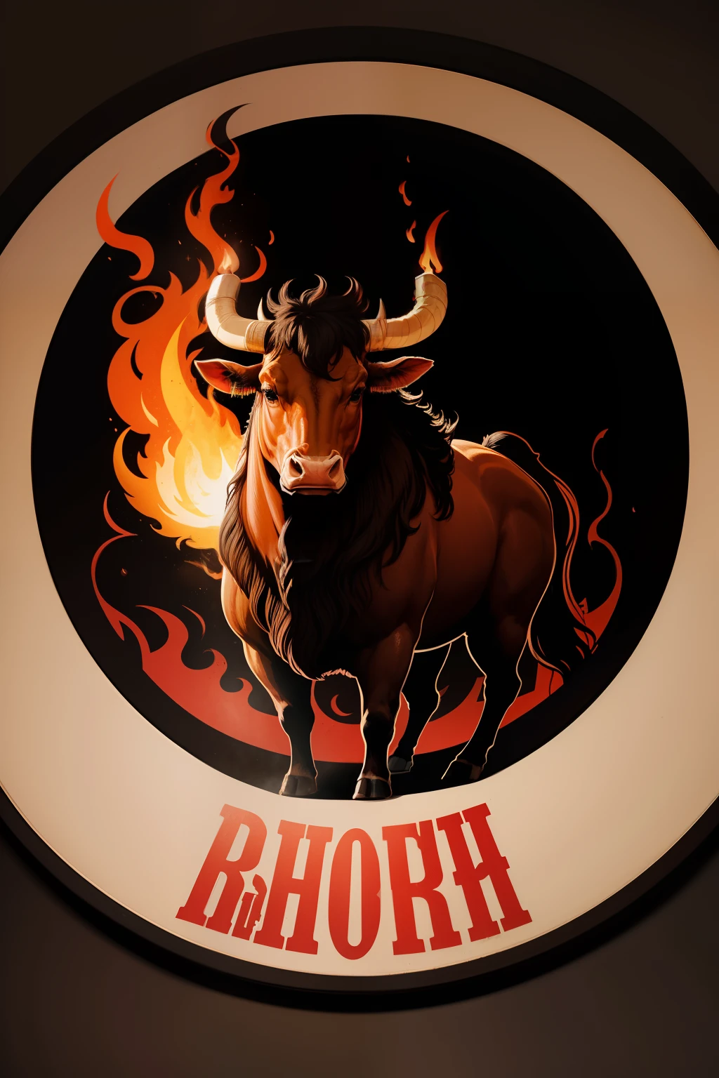 A logo for a steak house featuring the silhouette of a flaming bull against a black background with a high quality circle frame