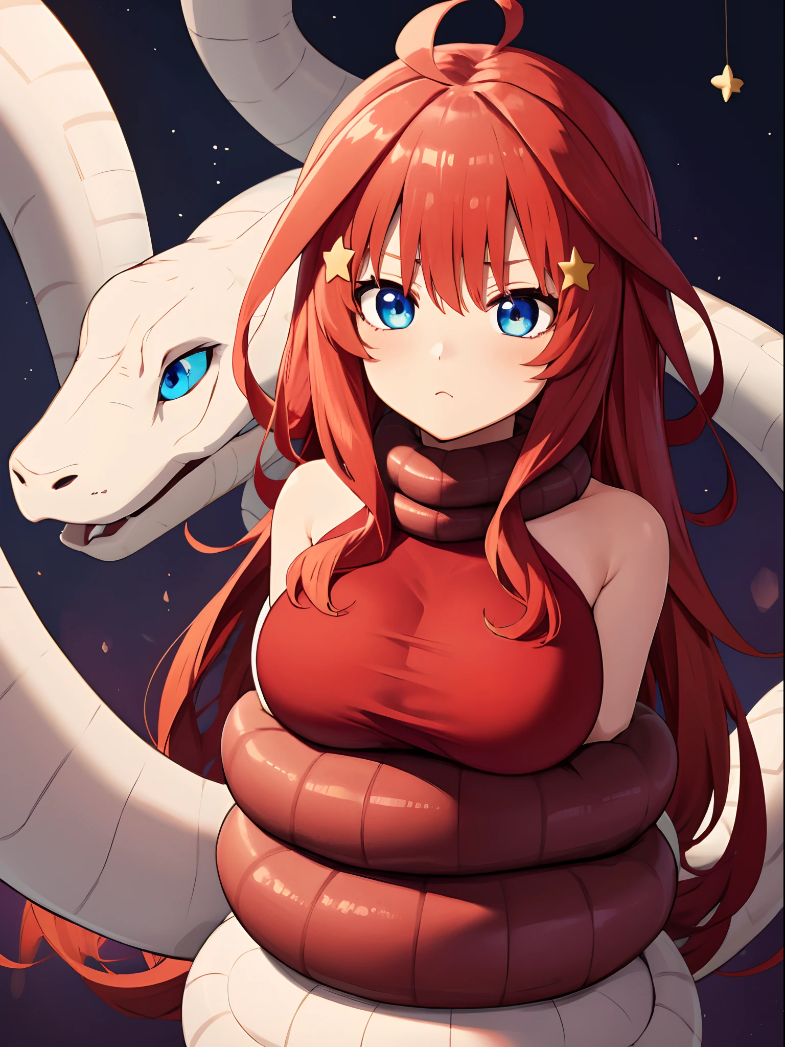 masterpiece, coils, snake, itsukinakano, itsuki nakano, breasts, bangs, blue eyes, hair between eyes, ahoge, red hair, star \(symbol\), hair ornament, star hair ornament, cute outfit,