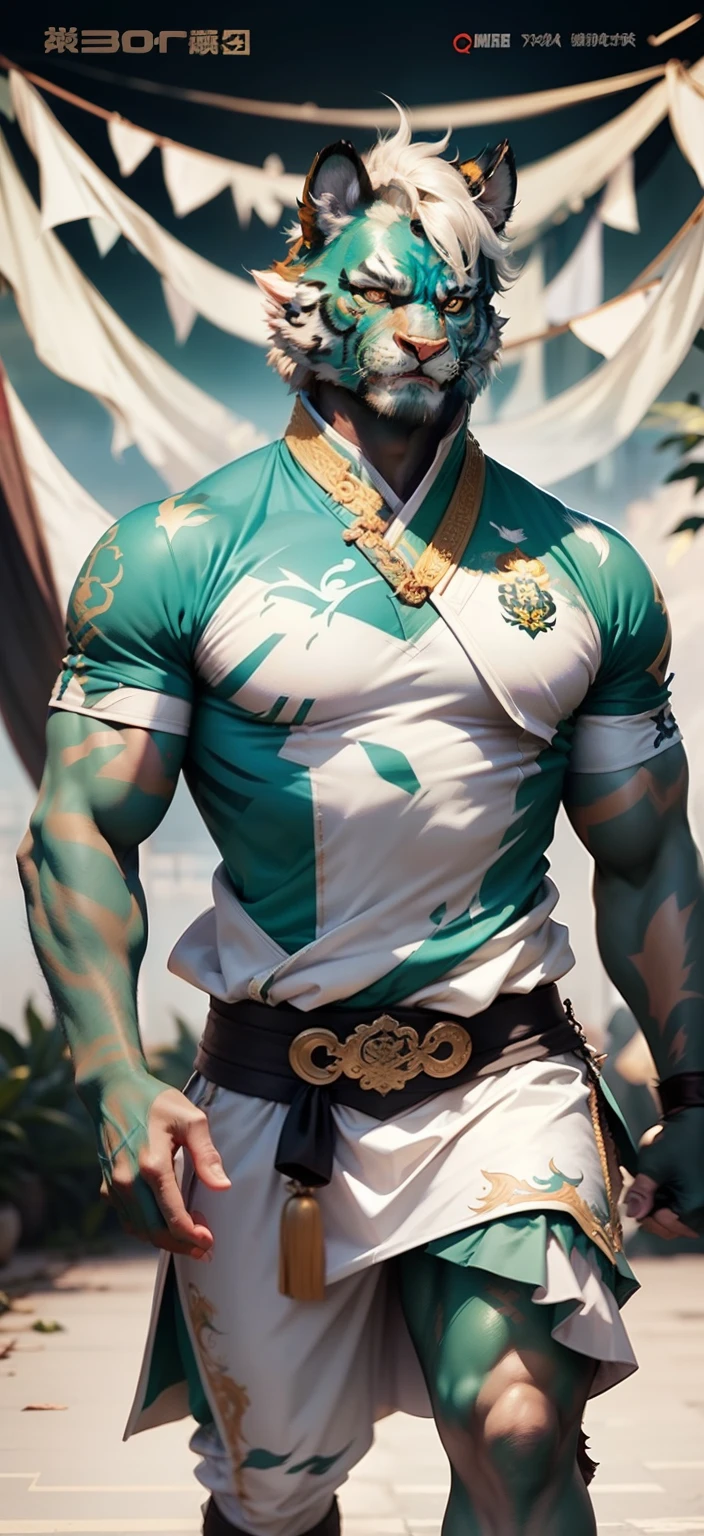 Tiger orcs with cyan stripes on white fur,Strong,virile,Wearing ancient Chinese clothing,Practice martial arts all year round。Full of masculinity。There are tiger heads and furry bodies。Full of masculine,Masculine looking。