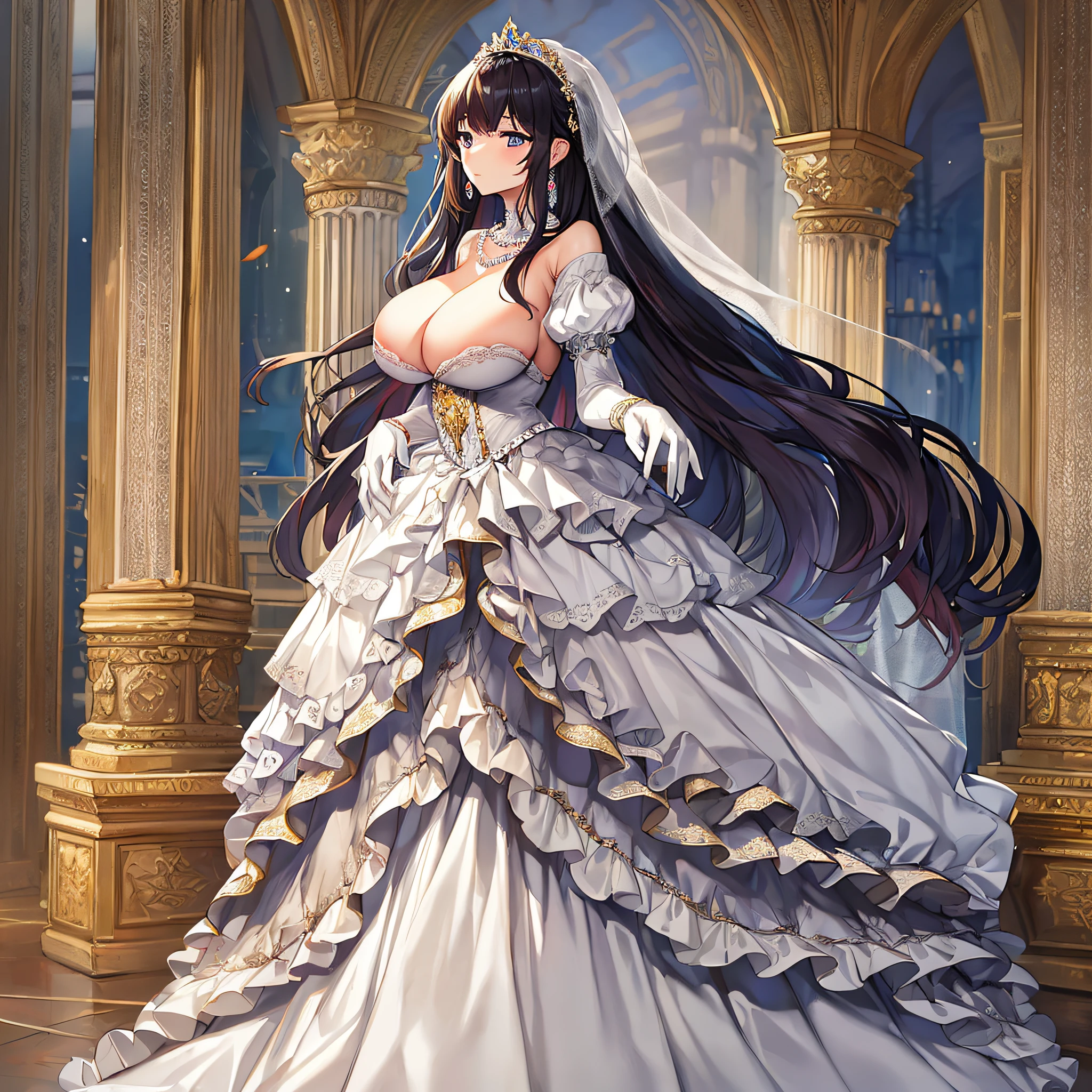 anime artstyle,Best quality, Masterpiece,Solo,full body,1 princess as a royal bride wearing a stately and elaborate royal wedding dress of white satin and tulle adorned with huge ribbon,(gigantic tits,Long tits,skindentation),(large amount of straight hair,extremely Long voluminous Hair),lace, frills,gorgeous embroidery and jewels, with enormous puffed sleeves, an hourglass waist and a voluminous crinoline hoopskirt,long train, long white gloves, pearl necklace and earrings,long wedding veil