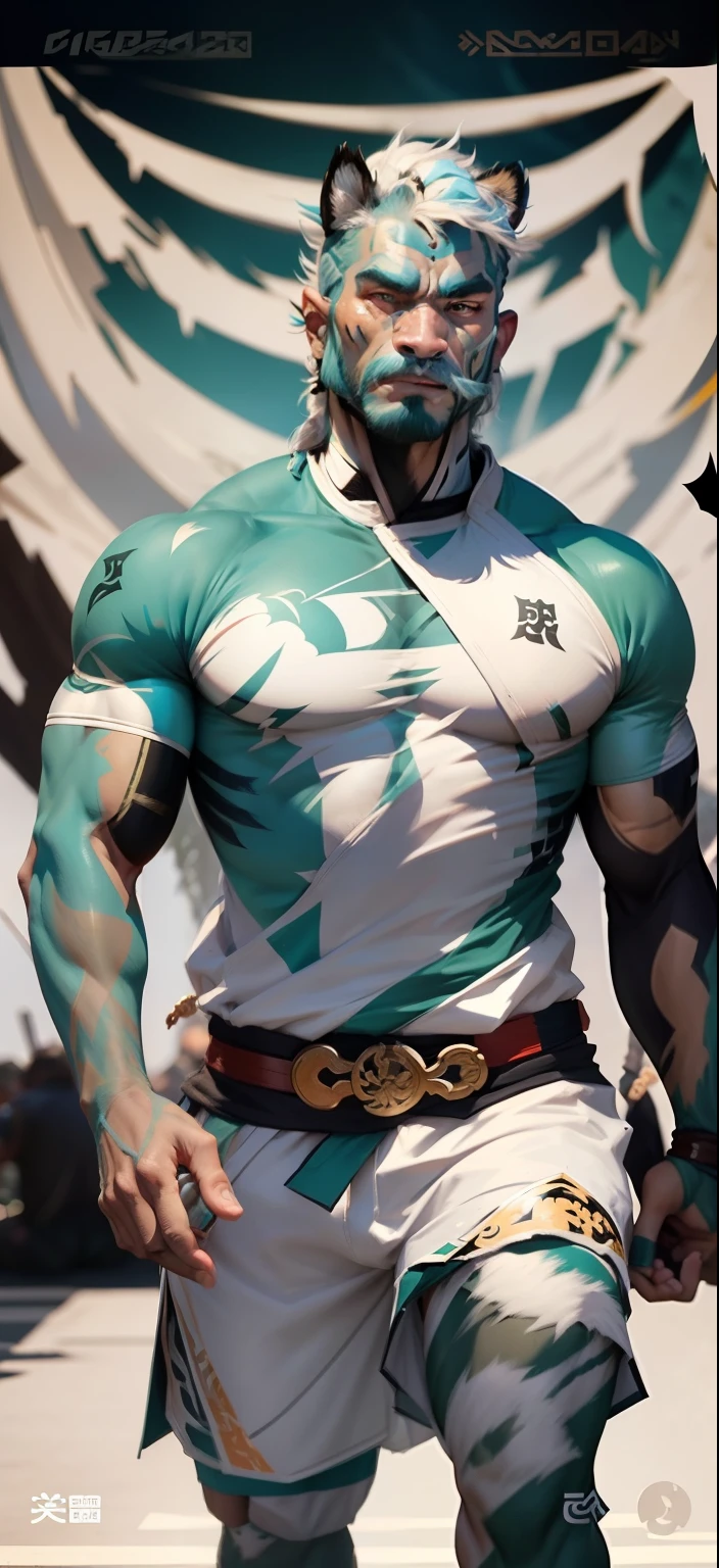 Tiger orcs with cyan stripes on white hair,Strong,virile,Wearing ancient Chinese clothing,Practice martial arts all year round。Full of masculine。With a tiger's head and furry body。