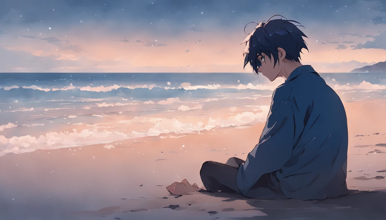 a young man sitting alone on the beach in the morning, sad, dark blue hair, Color Field painting, high detail, Conceptual art, blurry