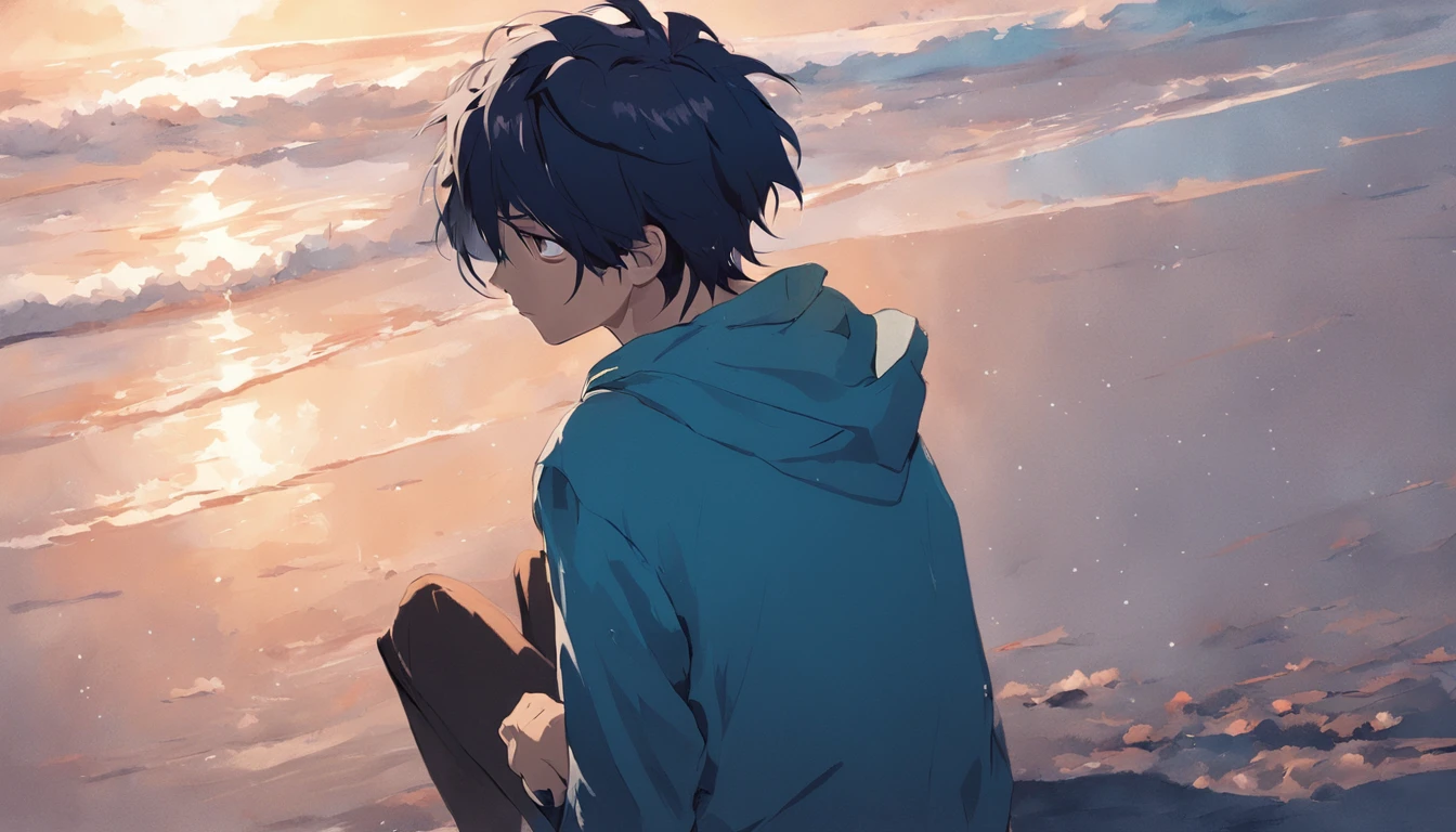 a young man sitting alone on the beach in the morning, sad, dark blue hair, Color Field painting, high detail, Conceptual art, blurry
