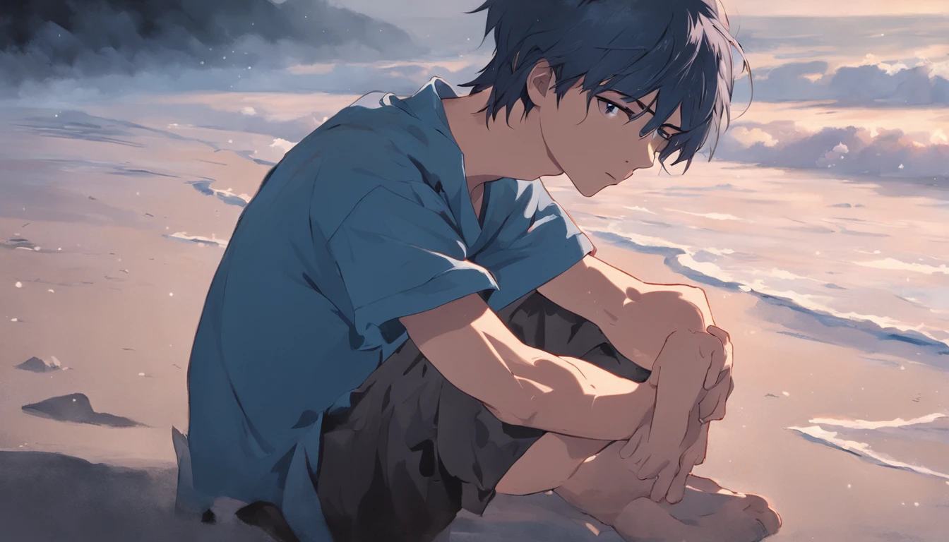 a young man sitting alone on the beach in the morning, sad, dark blue hair, Color Field painting, high detail, Conceptual art, blurry
