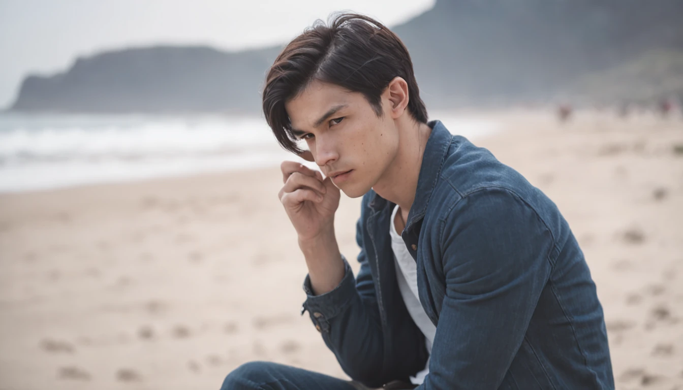 a young man sitting alone on the beach in the morning, sad, dark blue hair, Color Field painting, high detail, Conceptual art, blurry