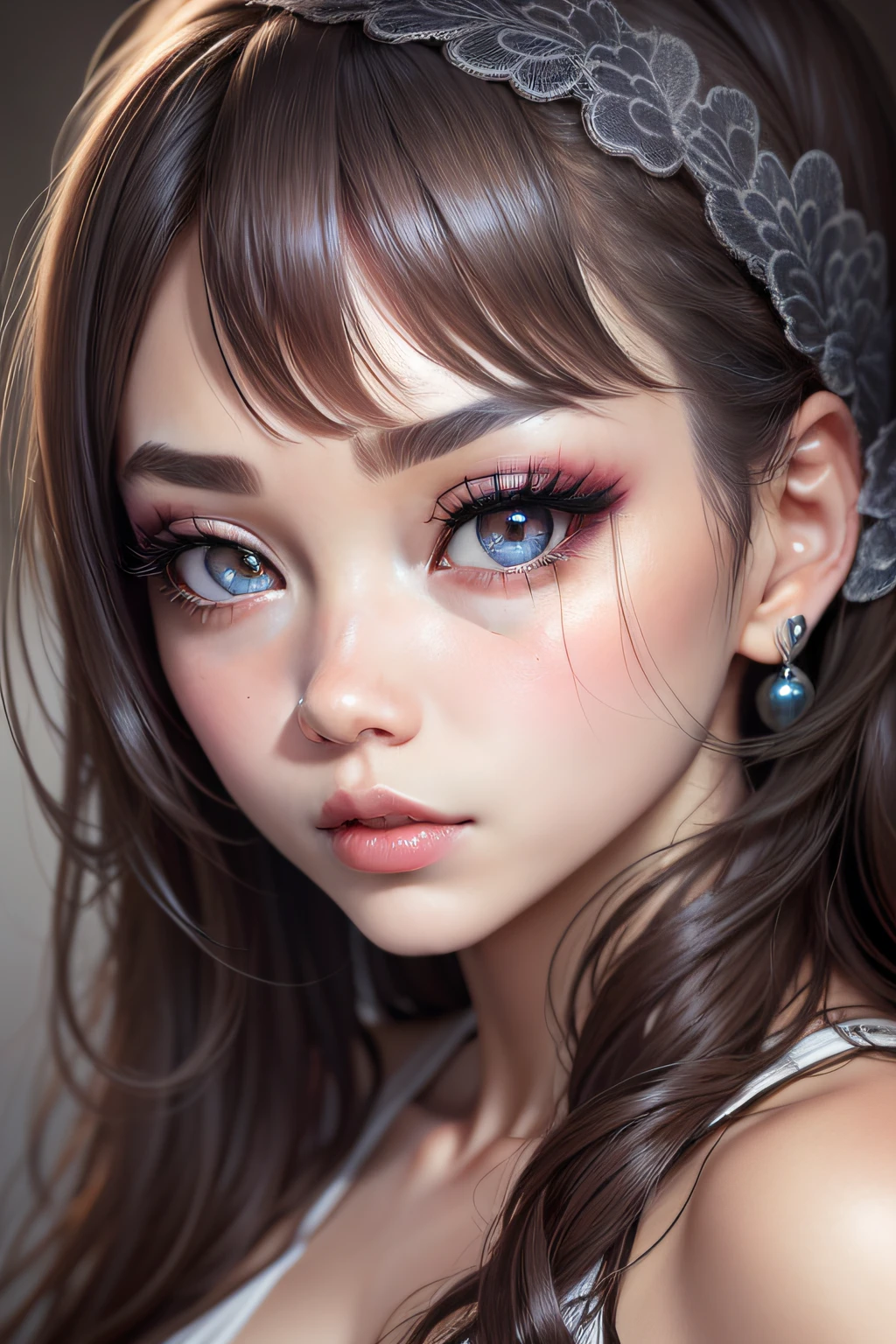 Girl putting her right hand on her face,Pretty face,Adorable look,The thumb and other four other fingers of the right hand are uniformly,Angle from above