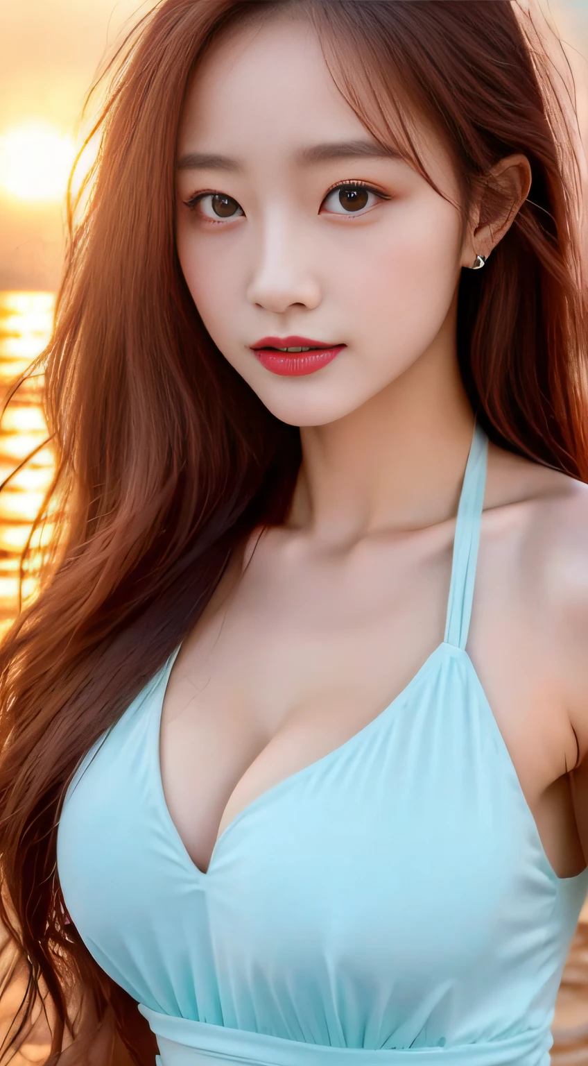 top-quality。８K-Picture。High pixel。The background is a vast ocean。Long bronze hair, Wavy Hair。Perfect beauty。Excellent style((Super burst breasts！：1.6))。Show off your body to the world in a colorful swimsuit。Sexy women for guys。((A look that beguiles a man))。Very delicate overall。This is perfect！