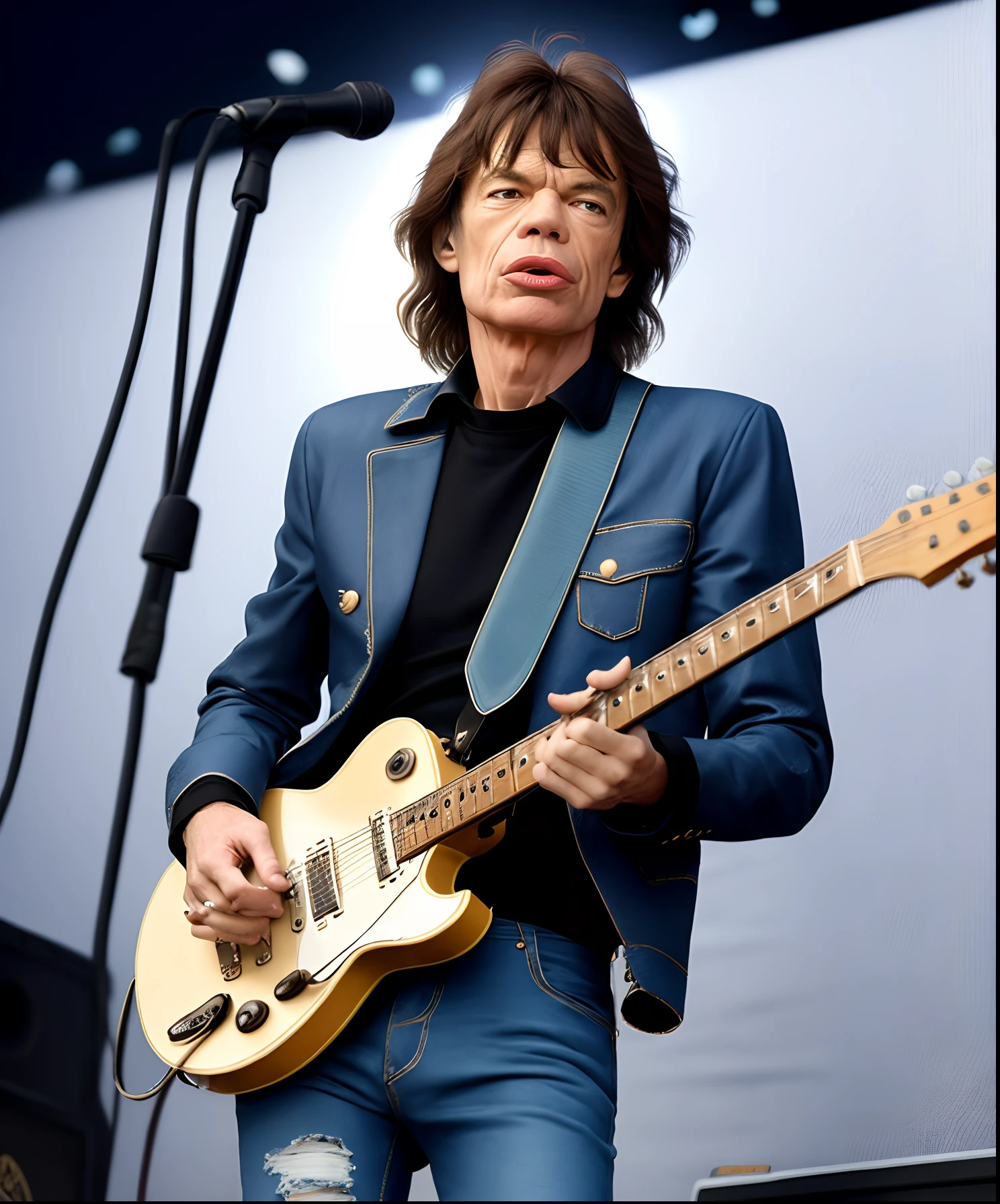 "Mick jagger, ano 2100, tocando guitarra, jaqueta de couro, Torn pants.