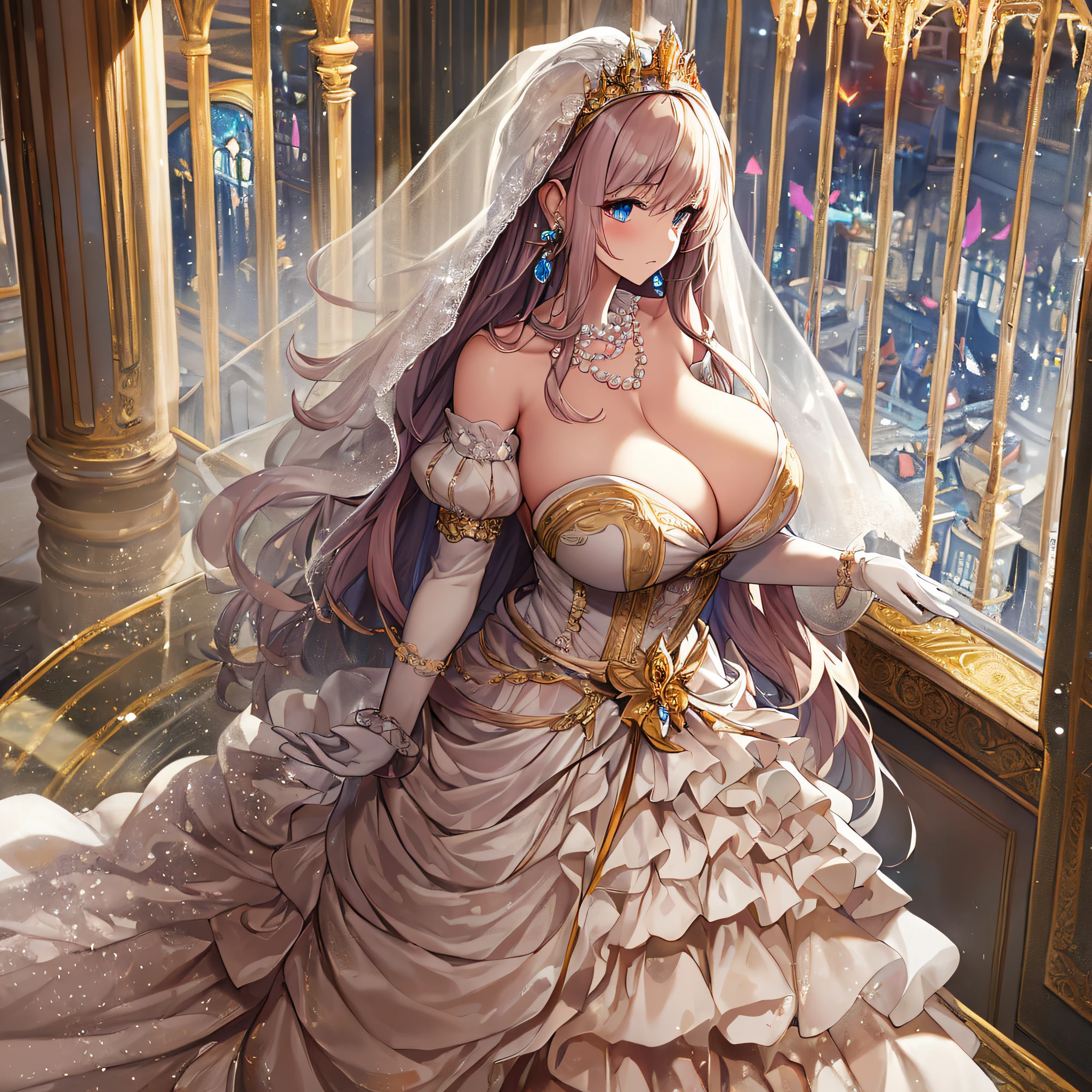 ((anime artstyle)),Best quality, Masterpiece,Solo,full body,1 princess as a royal bride wearing a stately and elaborate royal wedding dress of white satin and tulle adorned with huge ribbon,(gigantic tits,Long tits,skindentation),(large amount of straight hair,extremely Long voluminous Hair),lace, frills,gorgeous embroidery and jewels, with enormous puffed sleeves, an hourglass waist and a voluminous crinoline hoopskirt,long train, long white gloves, pearl necklace and earrings,long wedding veil