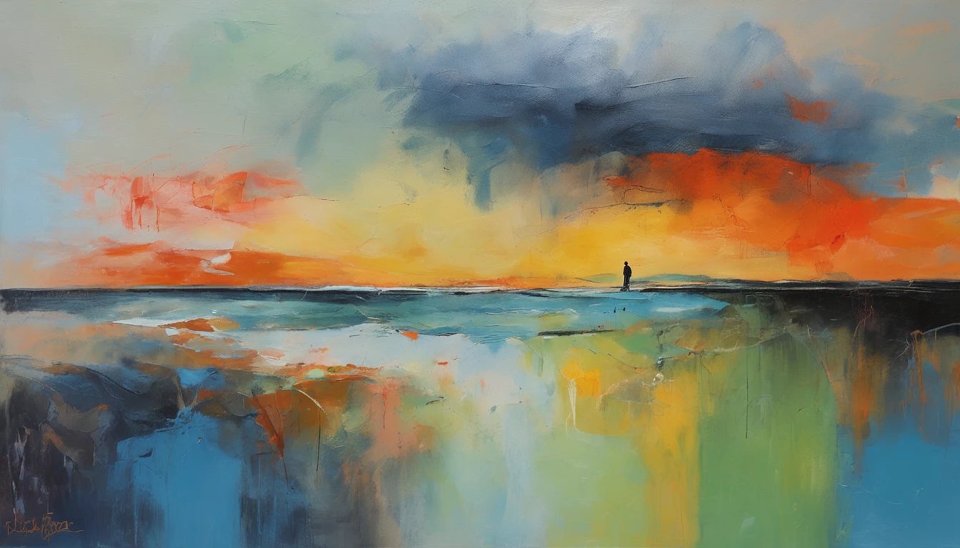 a young man sitting alone on the beach in the morning, sad, dark blue hair, Color Field painting, high detail, Conceptual art, blurry
