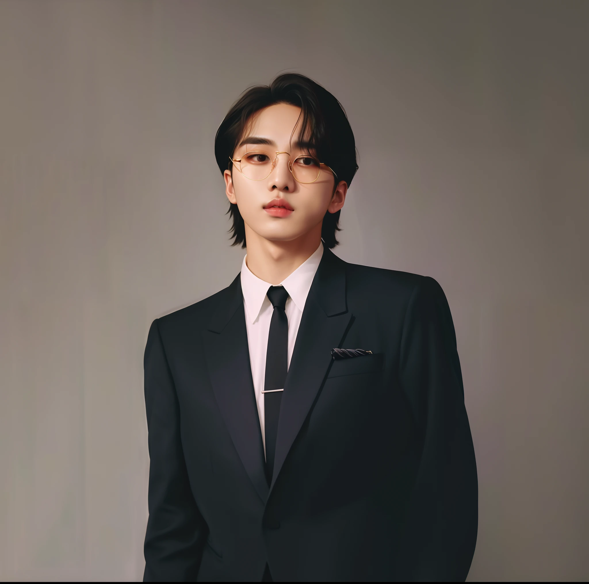 there is a man in a suit and tie posing for a picture, cai xukun, wearing a suit and glasses, he is wearing a suit, delicate androgynous prince, yanjun chengt, beautiful androgynous prince, taejune kim, in a black suit, taken in the early 2020s, in suit with black glasses