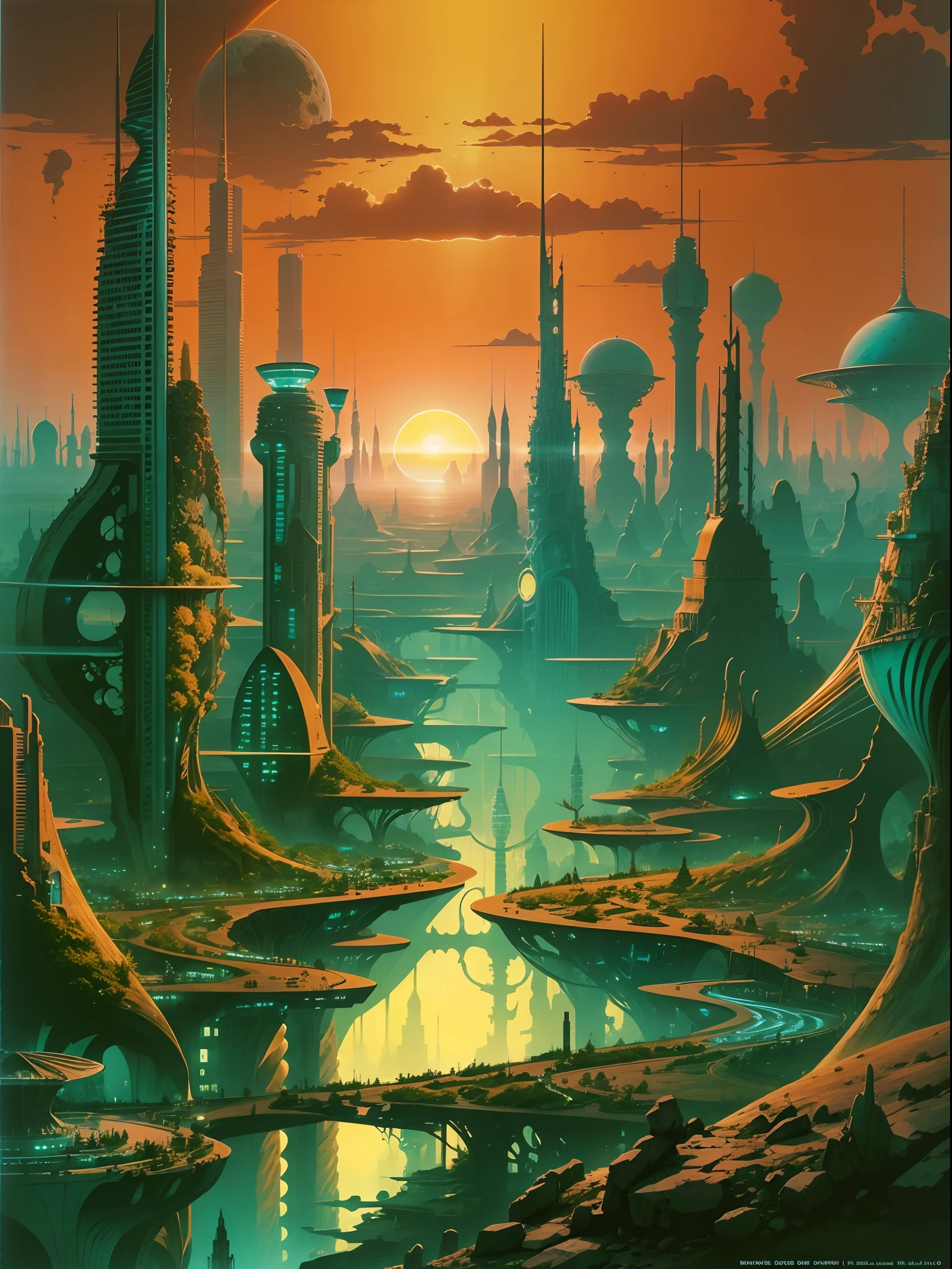Future City at sunset Roger Dean Style