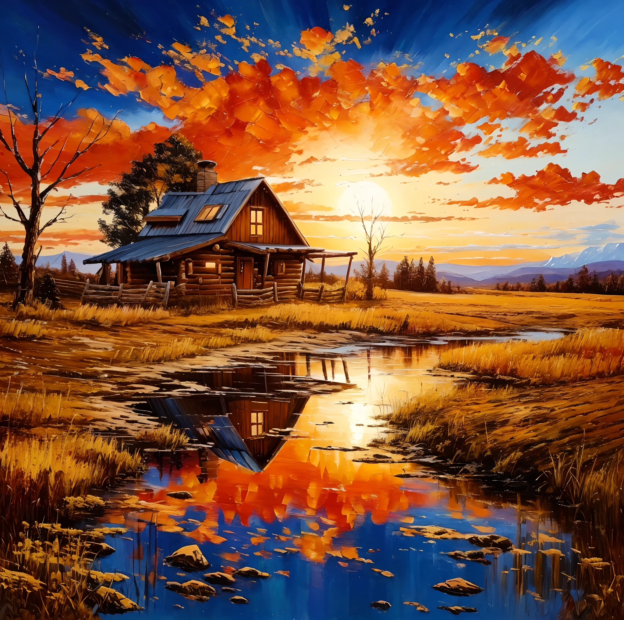 painting of a cabin in a field with a sunset in the background, warm beautiful scene, detailed painting 4 k, scenery artwork, beautiful art uhd 4 k, 2 0 2 1 award winning painting, 2021 award winning painting, inspired by Terry Redlin, scenery art detailed, oil painting 4k, oil painting 4 k