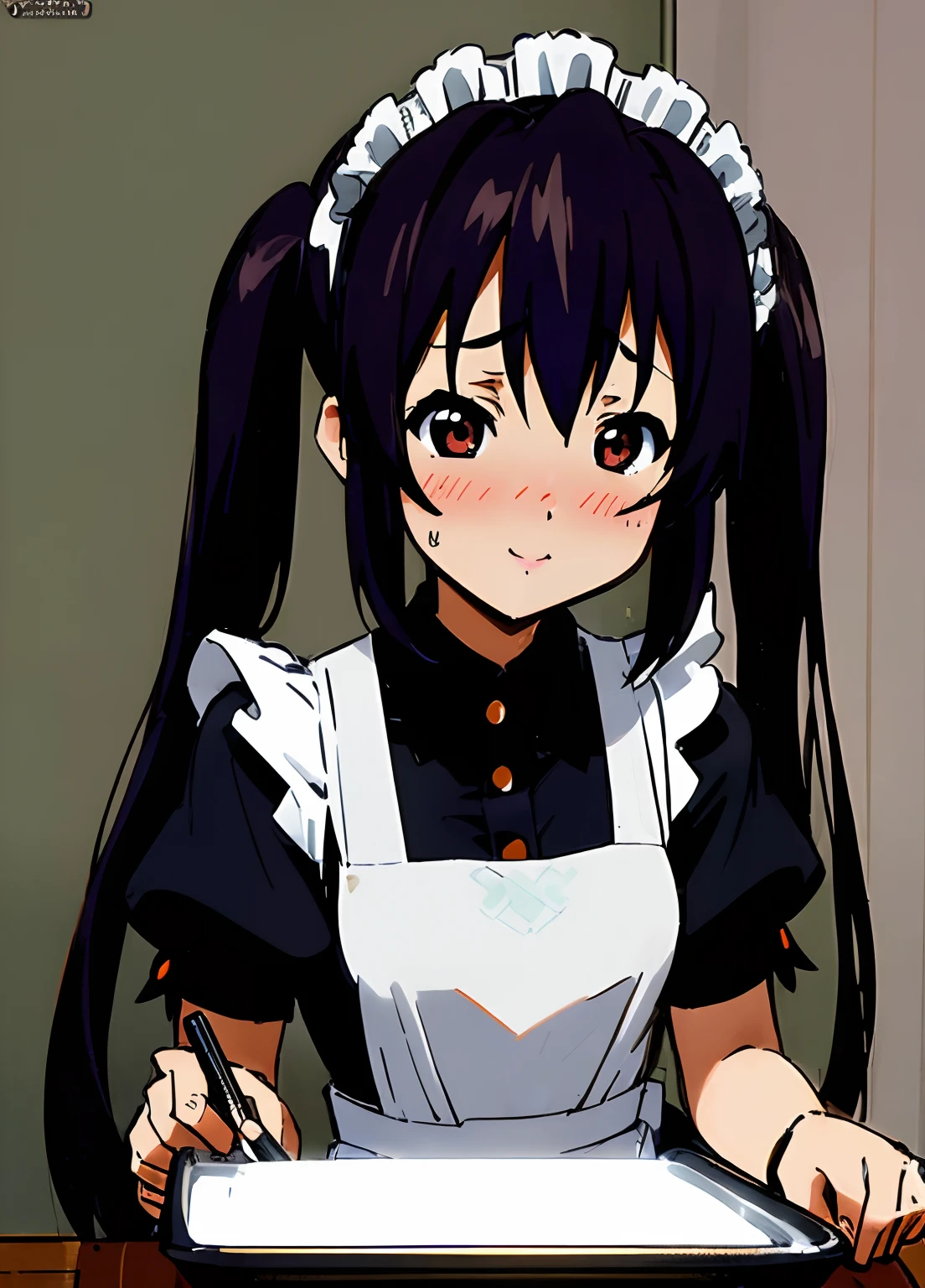 (((1girl))), ((masterpiece)), ((Nakano Azusa)), long hair, (((formal maid costume)))), ((maid)), (((twintails))), black hair, enmaided, dark brown eyes, brown eyes, alternate costume, apron, ((closed maid costume)), (((restoraunt))), best quality, (((cafe))), indoors, smile, (((very small breasts))), (blush:1.3), epic realistic, (dark shot:1.22), neutral colors, (hdr:1.4), (muted colors:1.4), (intricate), (artstation:1.2), dramatic, intricate details, (technicolor:0.9), detailed, intricate, cinematic, detailed, ((intricate details)), hdr, ((intricate details, hyperdetailed)),