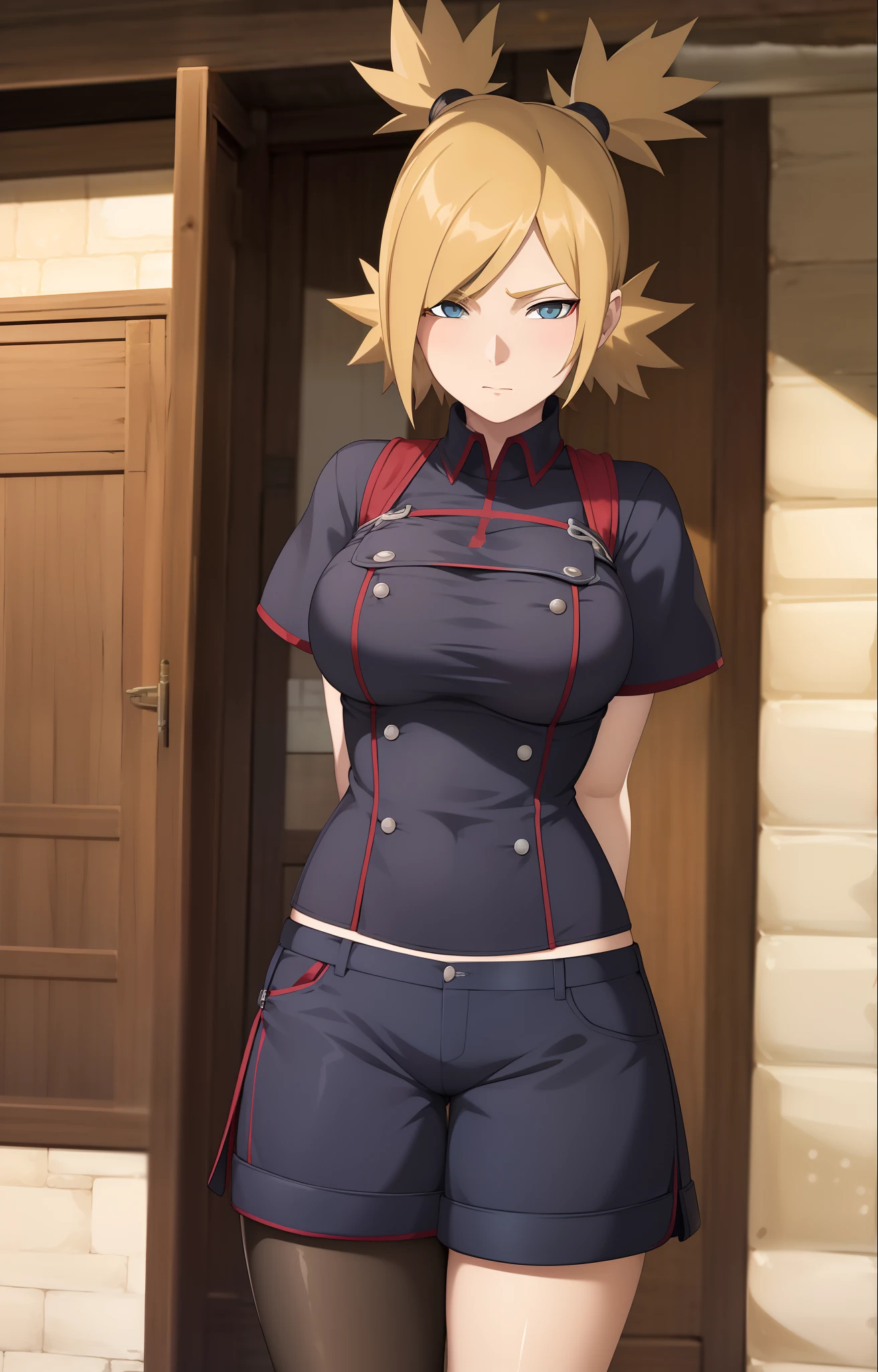 Meisterwerk , (Komplizierte Details), (bunt),Filmische Beleuchtung,bust shot,extrem detailliertes CG Unity 8k Wallpaper,Lehrplan\(Boruto\), 1girls, mid large breasts, reifes Weibchen,geschlossene Augen, , stehend, Armstütze, upper body,shirt and shorts, Spaltung, drinnen, Fenster, Sonnenlicht, show ,show breasts,half body,arms behind back