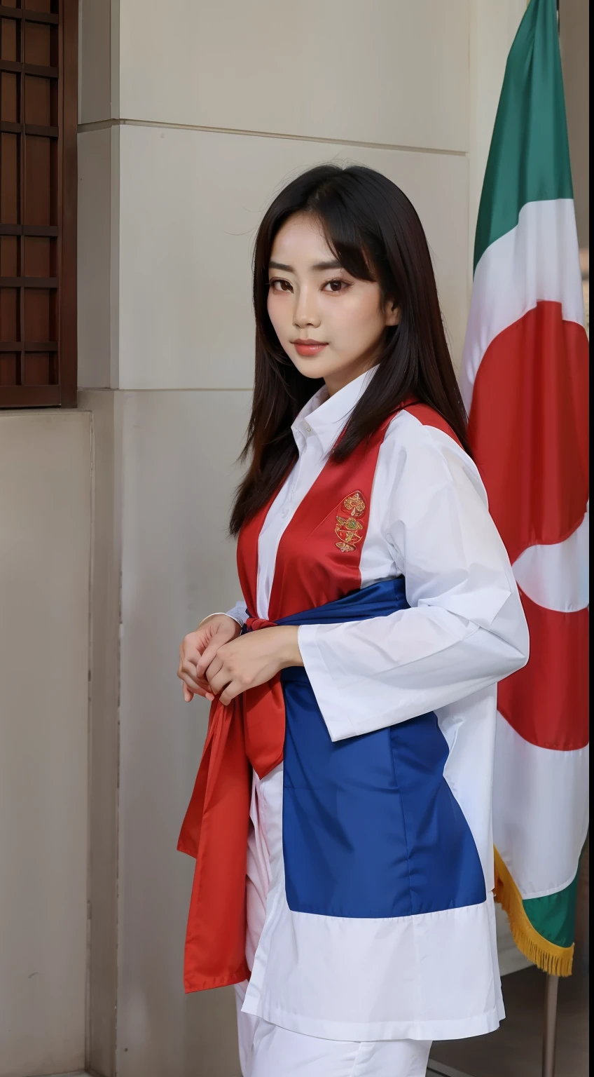 Coreana segurando a bandeira do Coreia