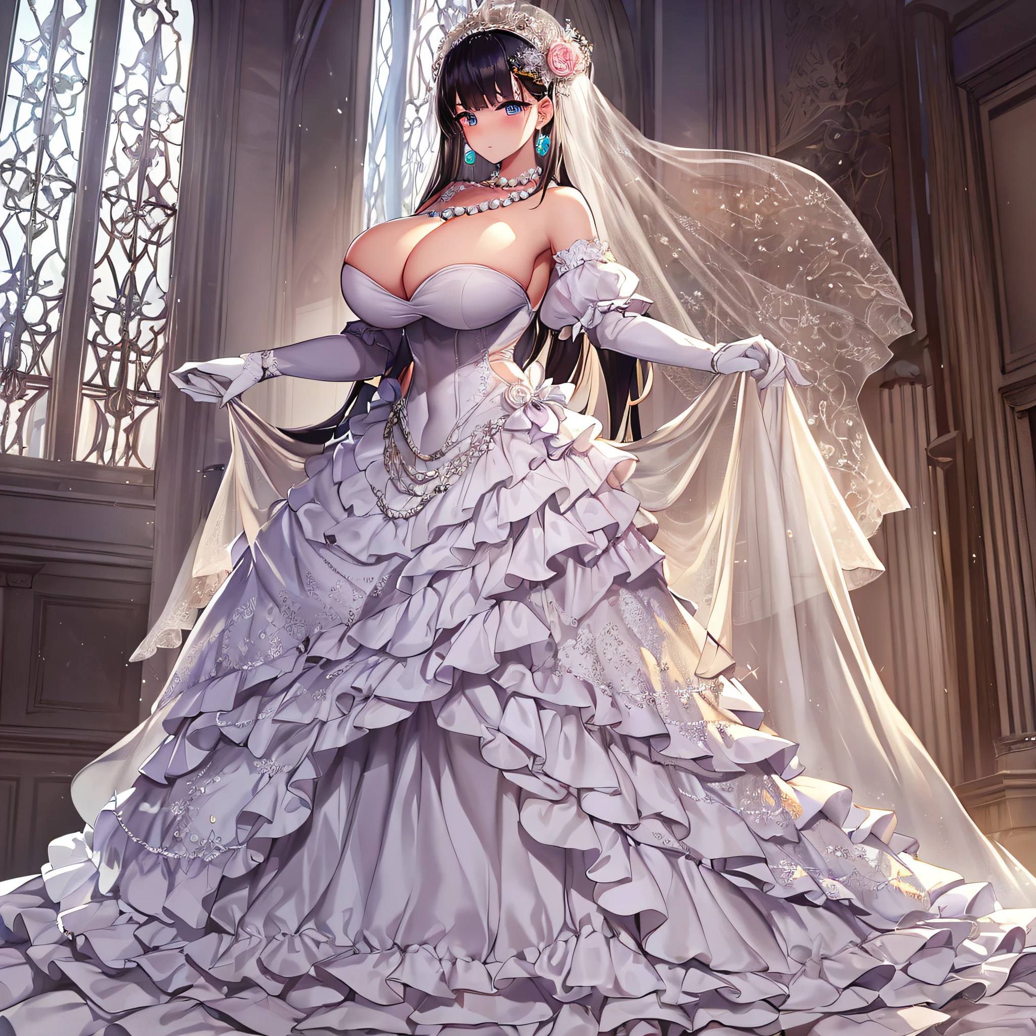 ((anime artstyle)),Best quality, Masterpiece,Solo,full body,1 princess as a royal bride wearing a stately and elaborate royal wedding dress of white satin and tulle adorned with huge ribbon,(gigantic tits,Long tits,skindentation),(large amount of straight hair,extremely Long voluminous Hair),lace, frills,gorgeous embroidery and jewels, with enormous puffed sleeves, an hourglass waist and a voluminous crinoline hoopskirt,long train, long white gloves, pearl necklace and earrings,long wedding veil