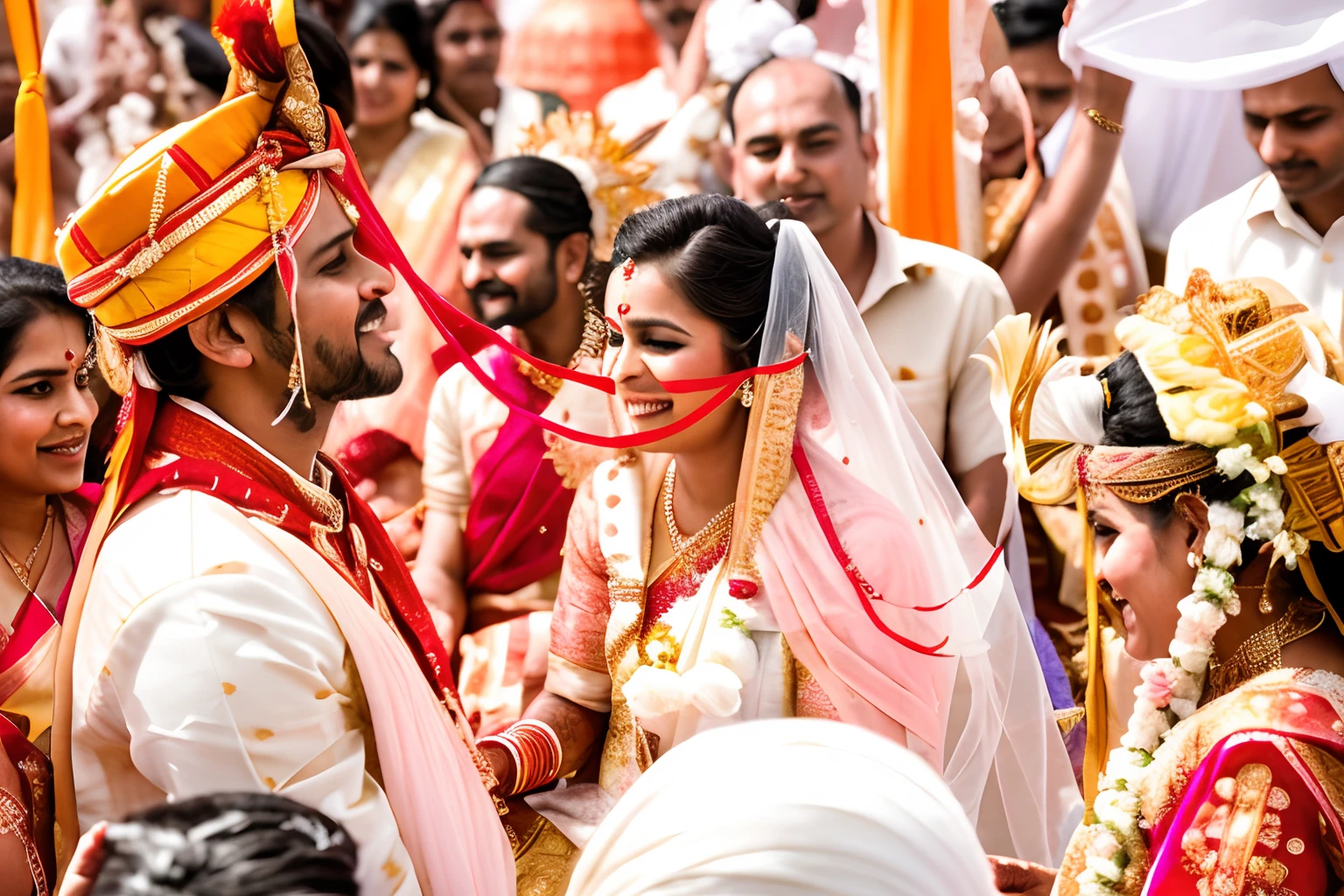 bride and groom in traditional indian attire standing in front of a crowd, ceremony, celebrating an illegal marriage, a still of a happy, celebration, festival, bride, celebrating a king being crowned, everyone having fun, look at the details, community celebration, enhanced photo, a woman, with a happy expression, very detailed picture, candid photography, dynamic scene, groom, face