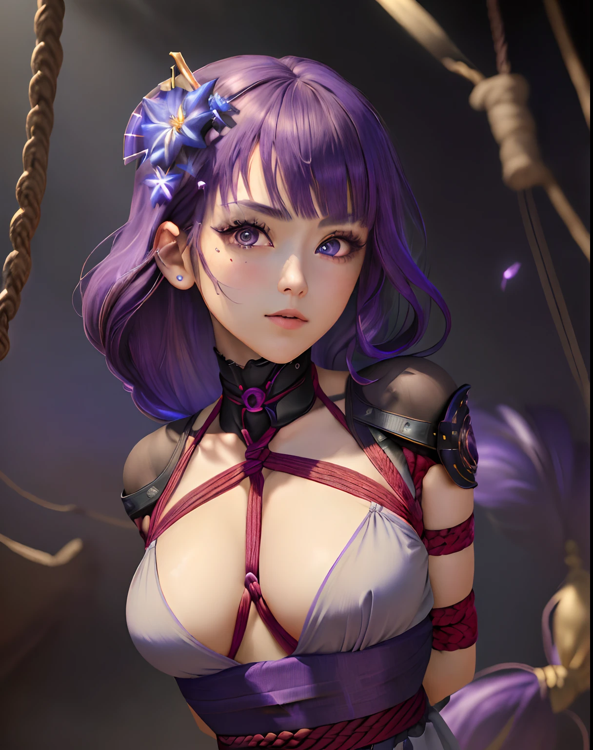 ((masterpiece, 8k, best quality)), ((high detail)), 1girl, ((ultra-detailed)),((delicate face)), Beautiful detailed eyes, gradient hair,hairs between eyes, GSHead,1girl ,solo,purple hair,genshin_impact, black_background,look at the viewer, arms behind back, (((arms bound, shibari, bondage, rope)))