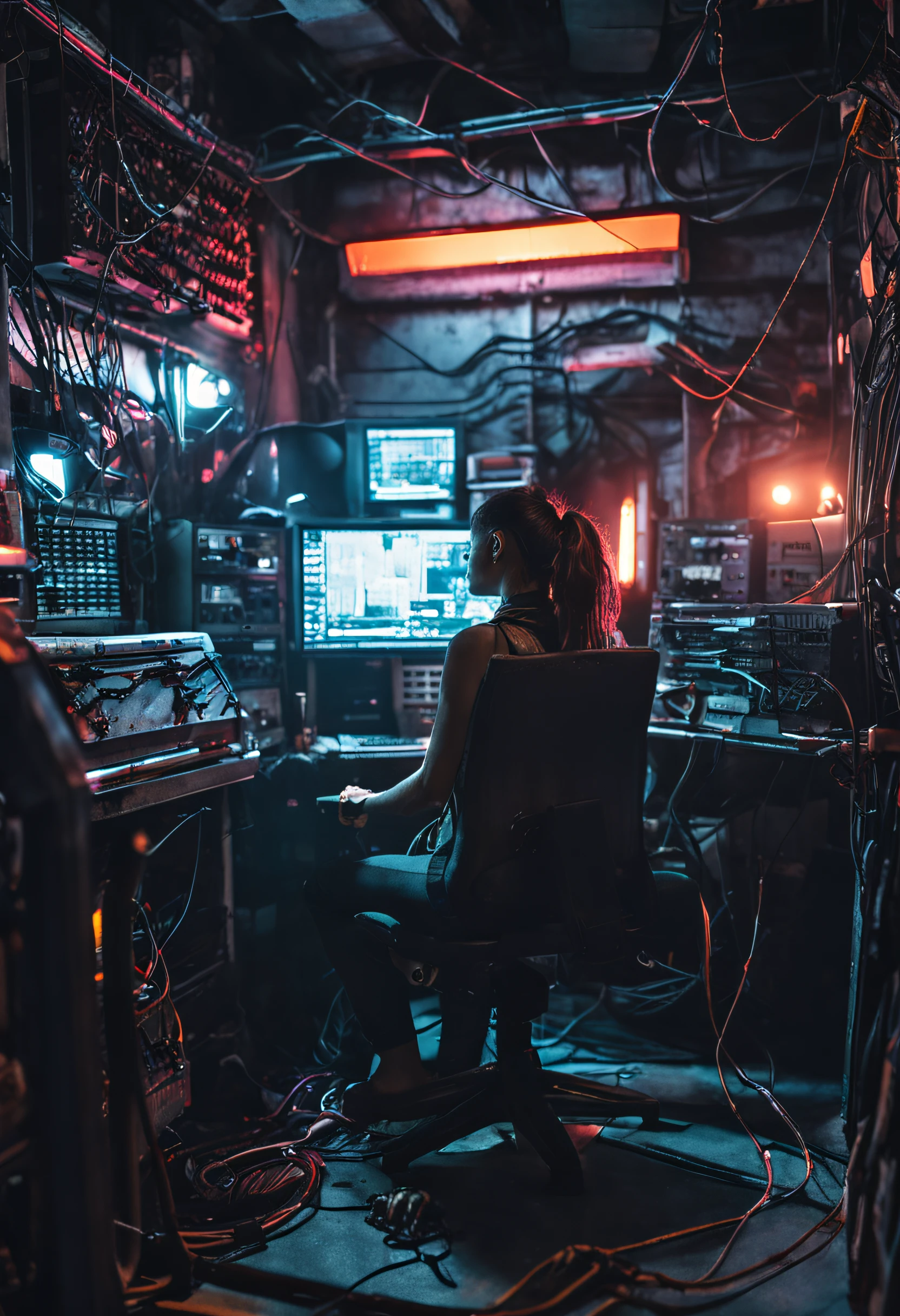 Foto realista, cinemactic, alta calidad, Chica Cyberpunk sentada frente a una computadora, in an abandoned room with cables and pipes, un ventilador de pared industrial, una ventana con una ciudad ciberpunk, ambiente oscuro, estilo matrix, estilo blade runner, cluttered room, computadoras y servidores, cables and pipes, ambiente industrial, neblina.