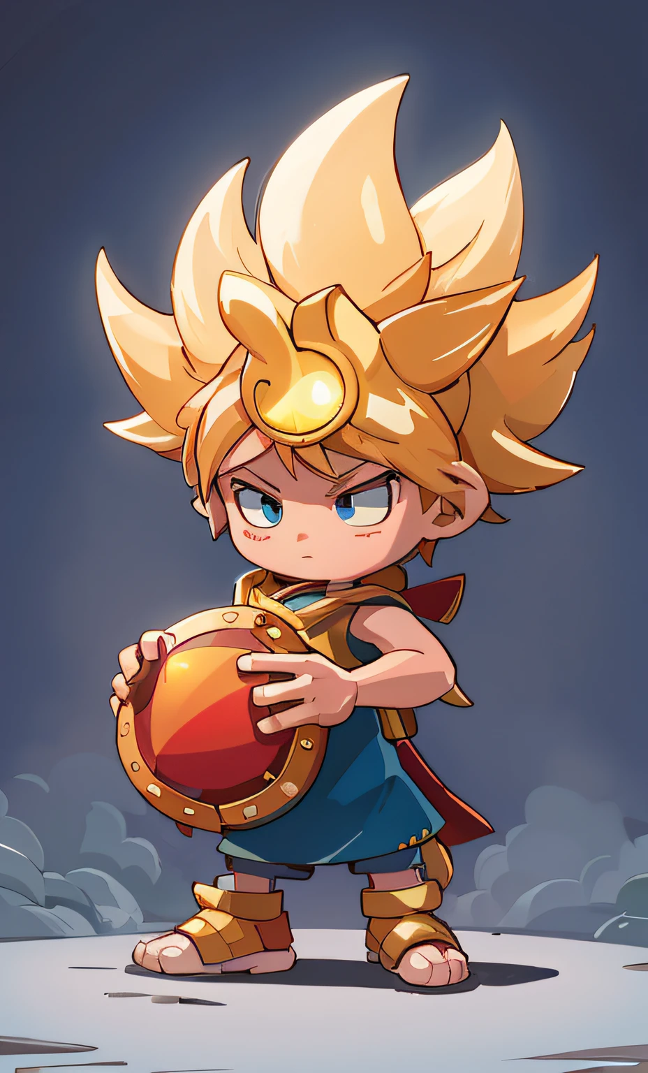 Comic book illustration of a young boy holding a ball in his hands, hero 2 d fanart artsation, Wonder Boy, Coriolios RPG Art Style, ezreal (League of Legends, Fanart de jeu 2D, Splash Art Brawlstars, Art du jeu!!, Magical Fantasy 2 D Concept Art, hero character art, video game fanart, Art du jeu 2D